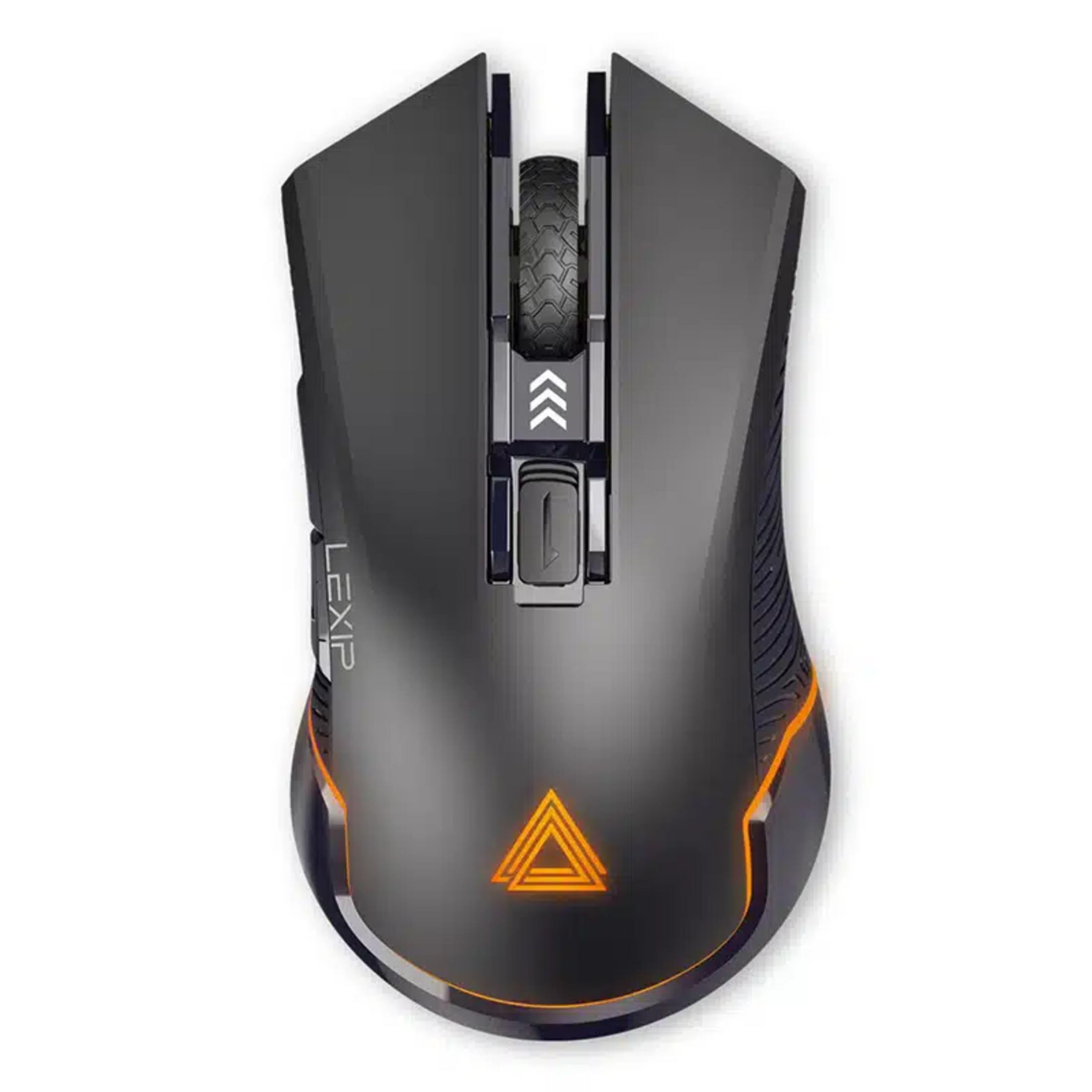 Schwarze Gaming-Maus mit orangefarbener Beleuchtung und dreieckigem Logo.