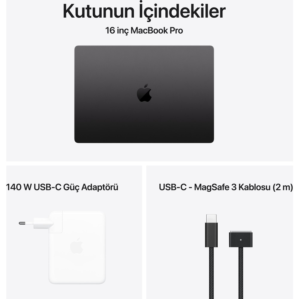 Koyu renk MacBook Pro, güç adaptörü ve şarj kablosu.