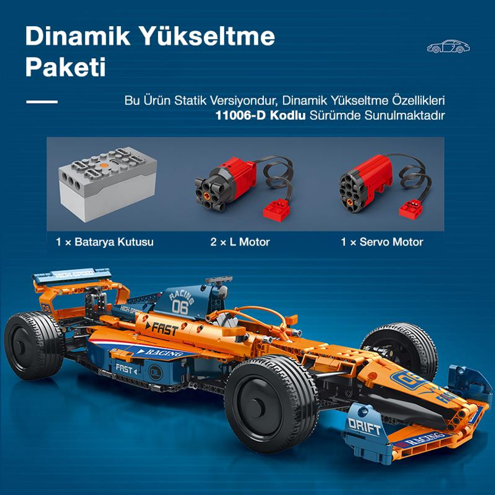 Turuncu-mavi yarış arabası parçalarıyla: pil kutusu, motorlar ve servo motor.