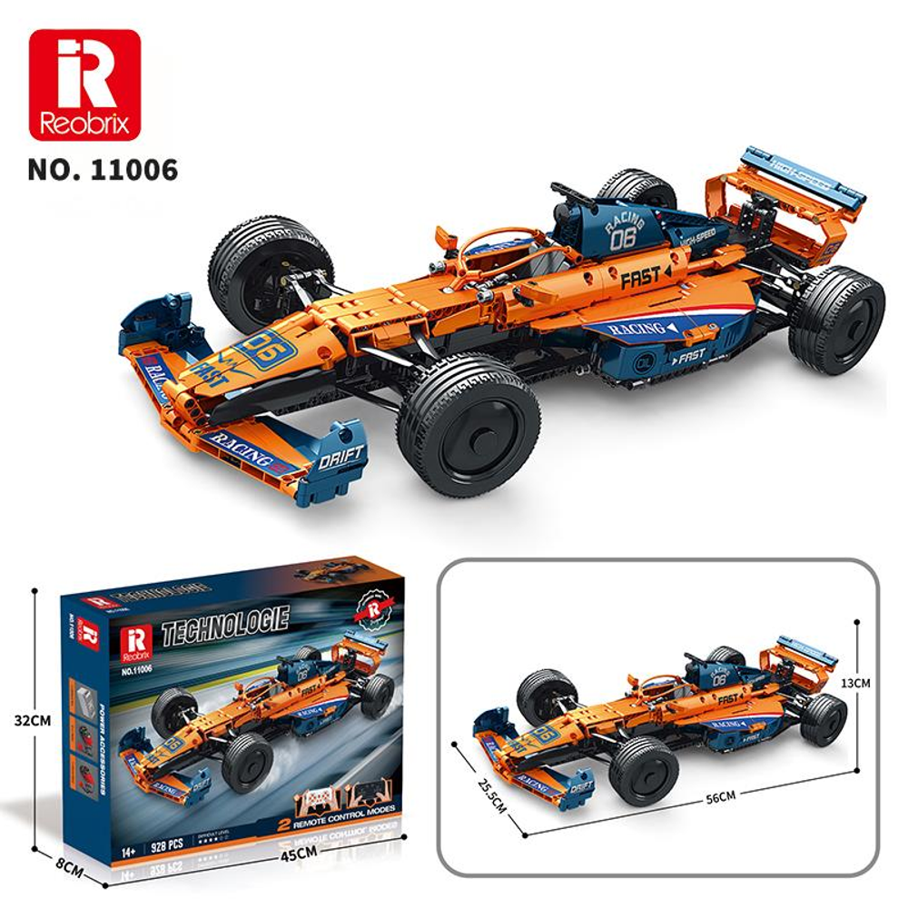 Turuncu ve mavi 06 numaralı Formula 1 yarış arabası yapım kiti.