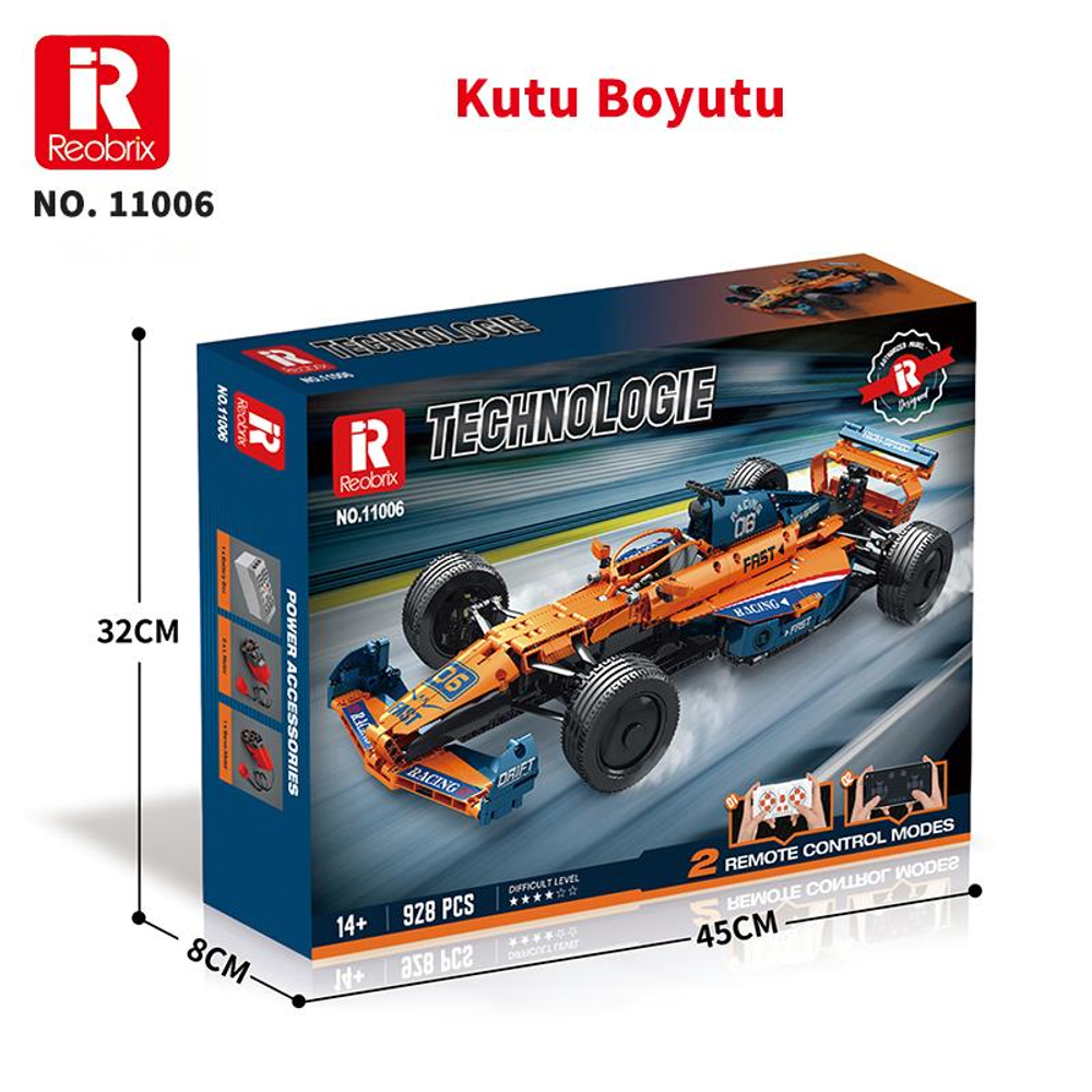 Reobrix Technic yarış arabası yapım seti, turuncu ve mavi, model 11006.