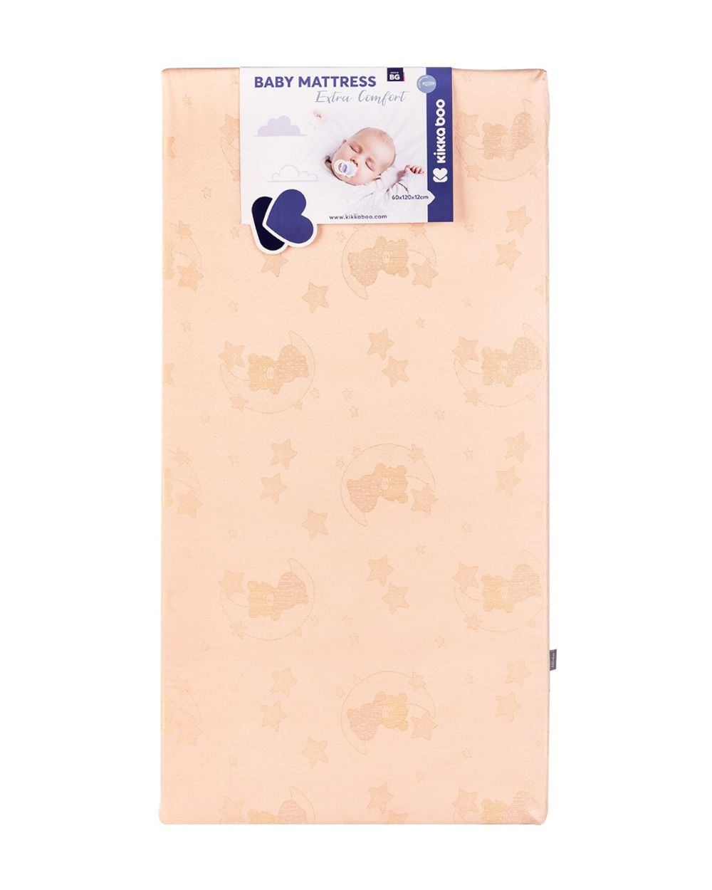 Ein hellpfirsichfarbener Baby-Matratzenbezug mit Mond- und Sternenmuster.