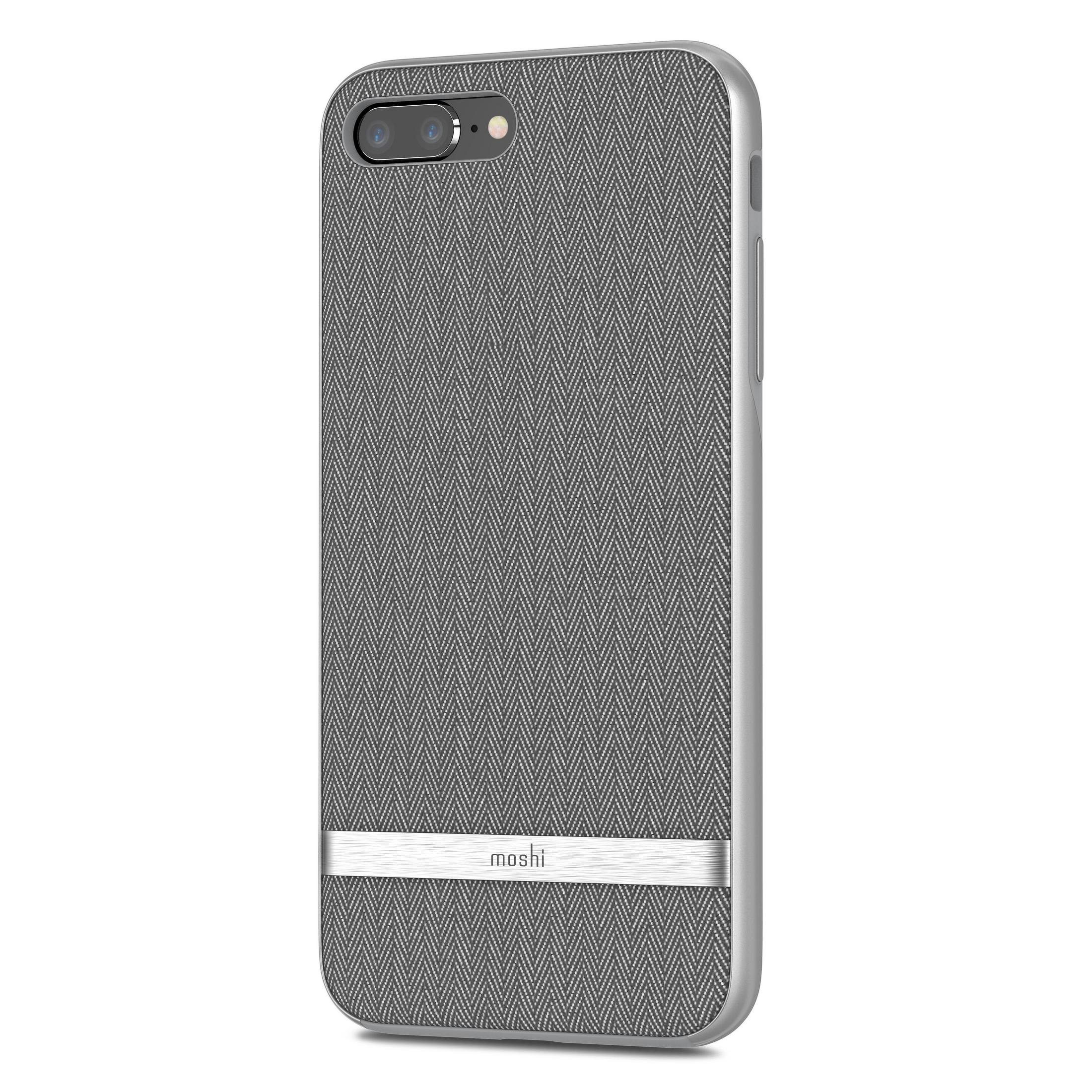 Graues Handy-Case mit Fischgrätenmuster und silbernem Streifen mit Moshi-Logo.