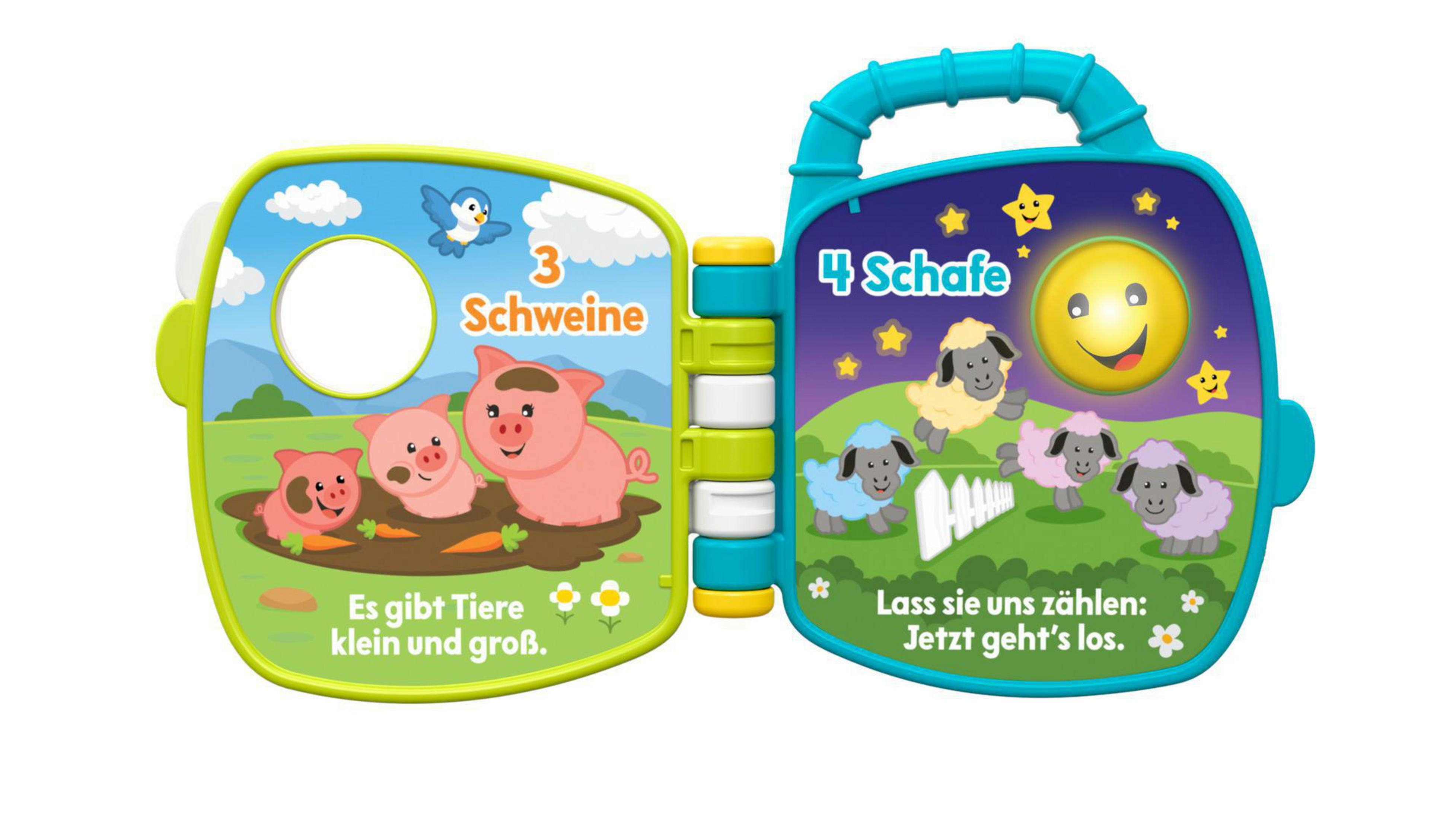 Ein interaktives Buch mit 3 Schweinen und 4 Schafen, Sternen und Sonne.