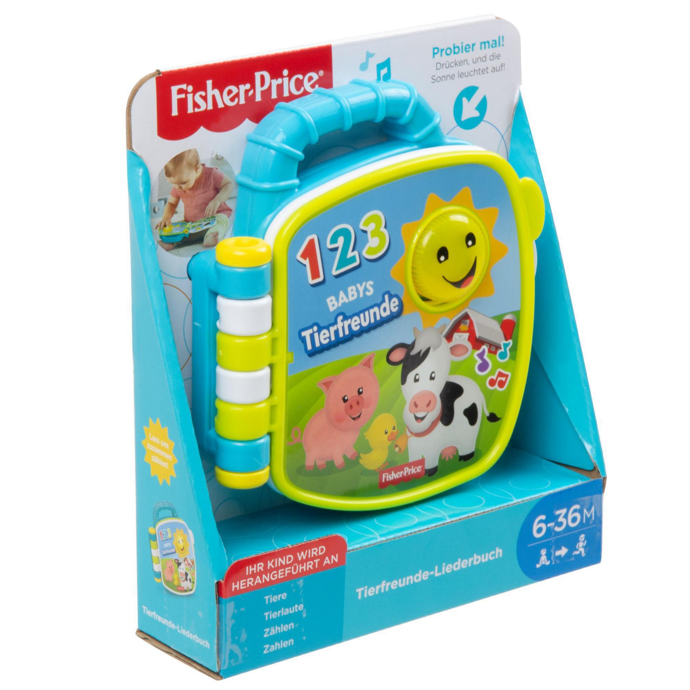 Fisher-Price Baby Tierfreunde Liederbuch mit Zahlen, Sonne, Schwein, Kuh und Küken.