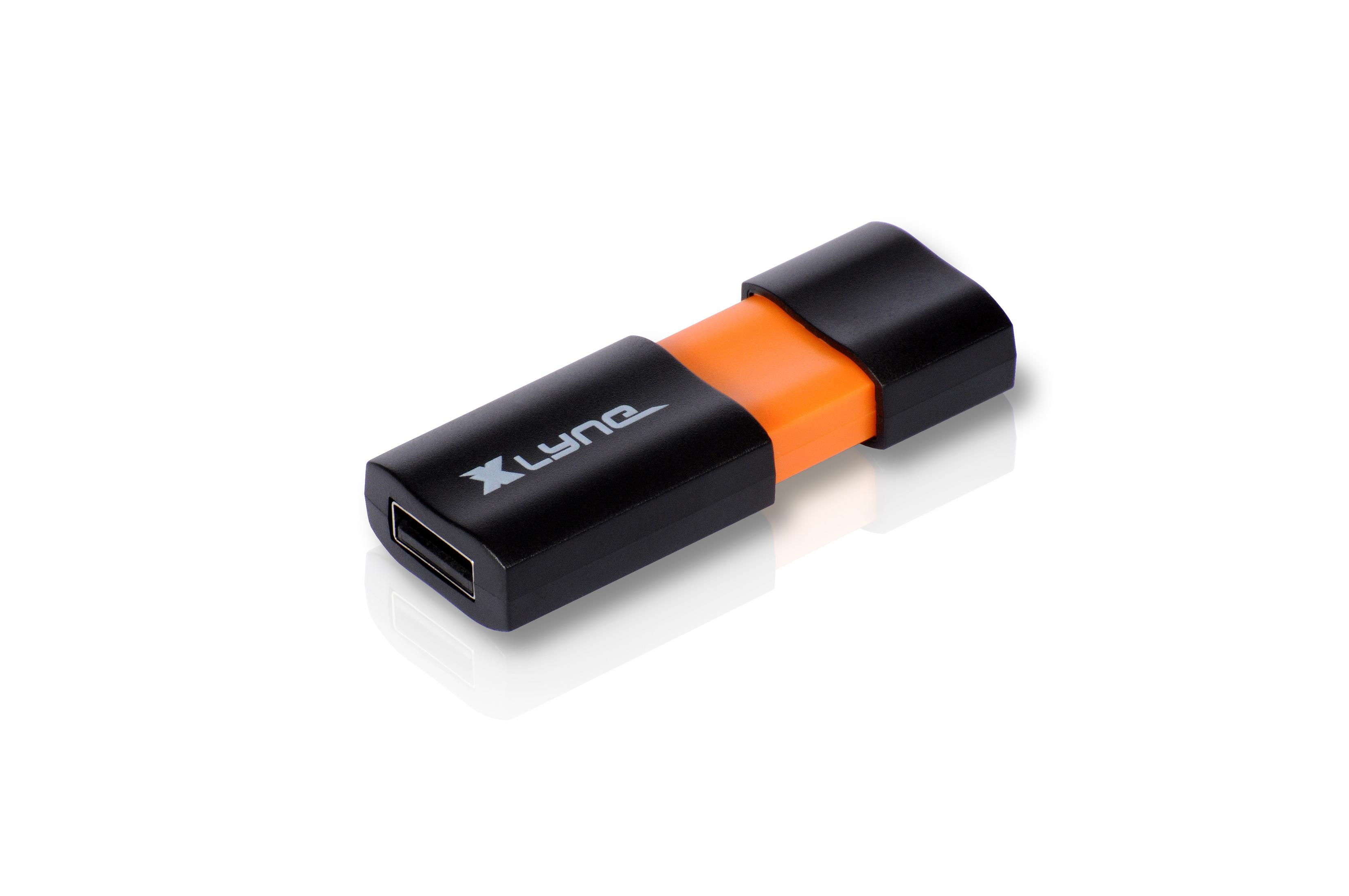 Ein schwarzer USB-Stick mit orangefarbenem Mittelteil und weißem Logo.