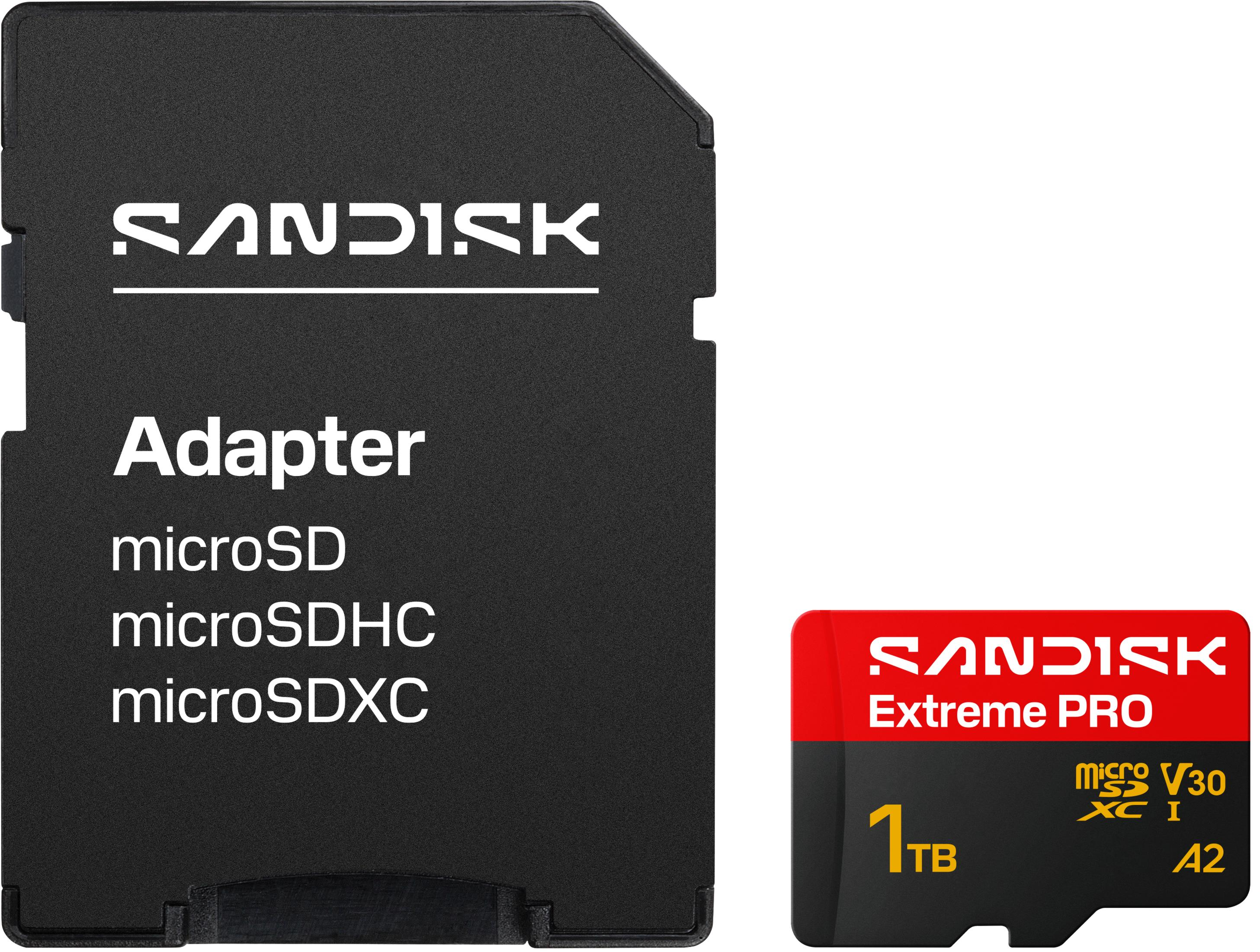 Adaptador Sandisk y tarjeta microSDXC de 1TB. Rojo, negro y blanco.