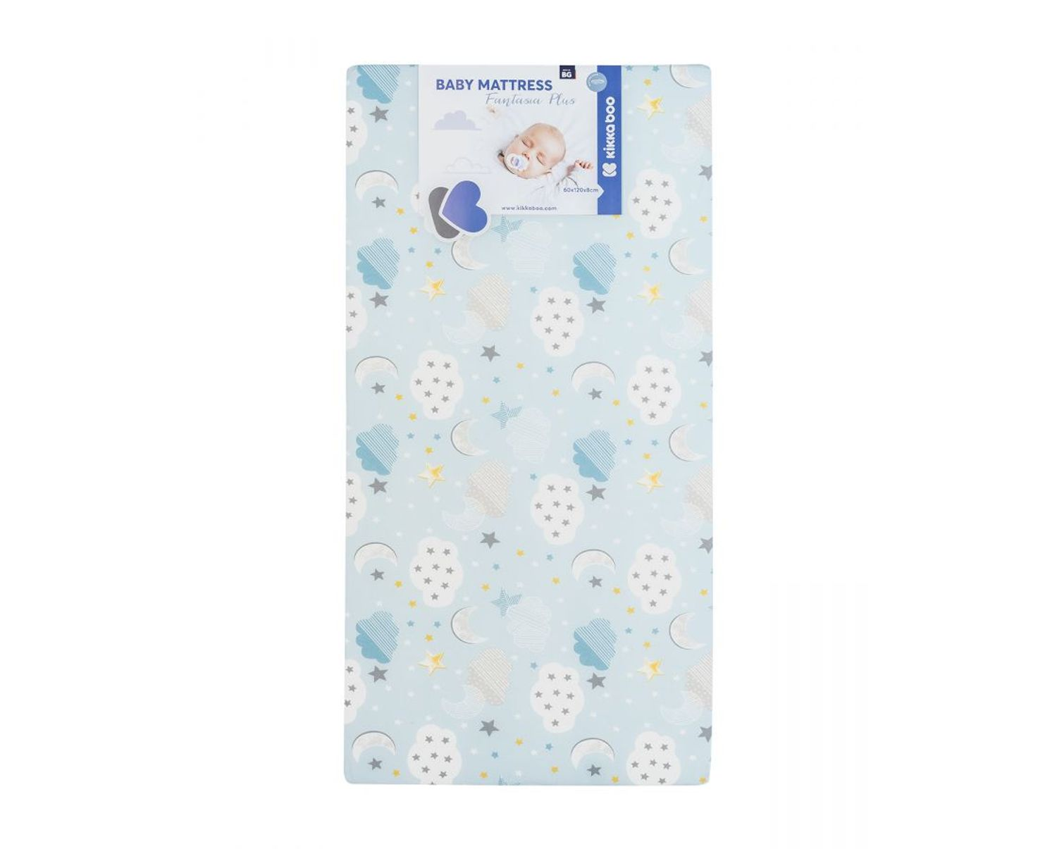 Hellblaue Baby-Matratze mit Wolken-, Sternen- und Mondmuster. Produktinformationen oben.
