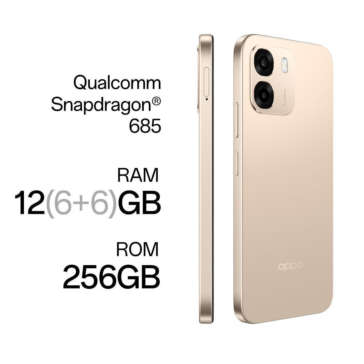 Un smartphone OPPO dorado con Snapdragon 685, 12GB de RAM y 256GB de ROM.