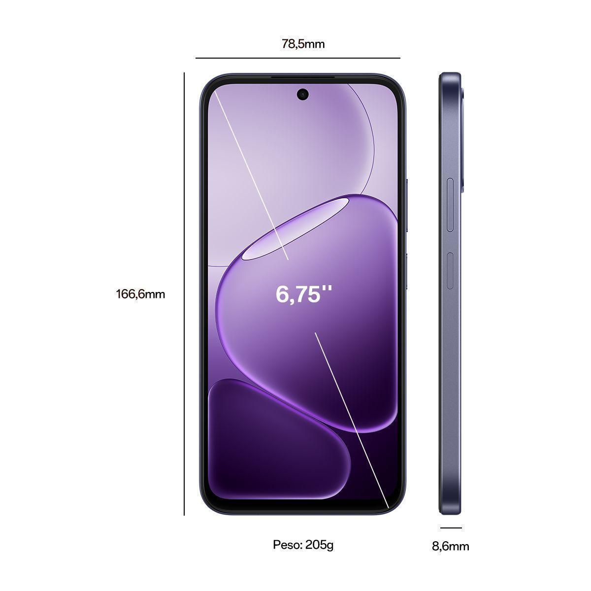 Un smartphone con pantalla de 6,75 pulgadas, 166,6 mm de alto, 78,5 mm de ancho y 8,6 mm de grosor.