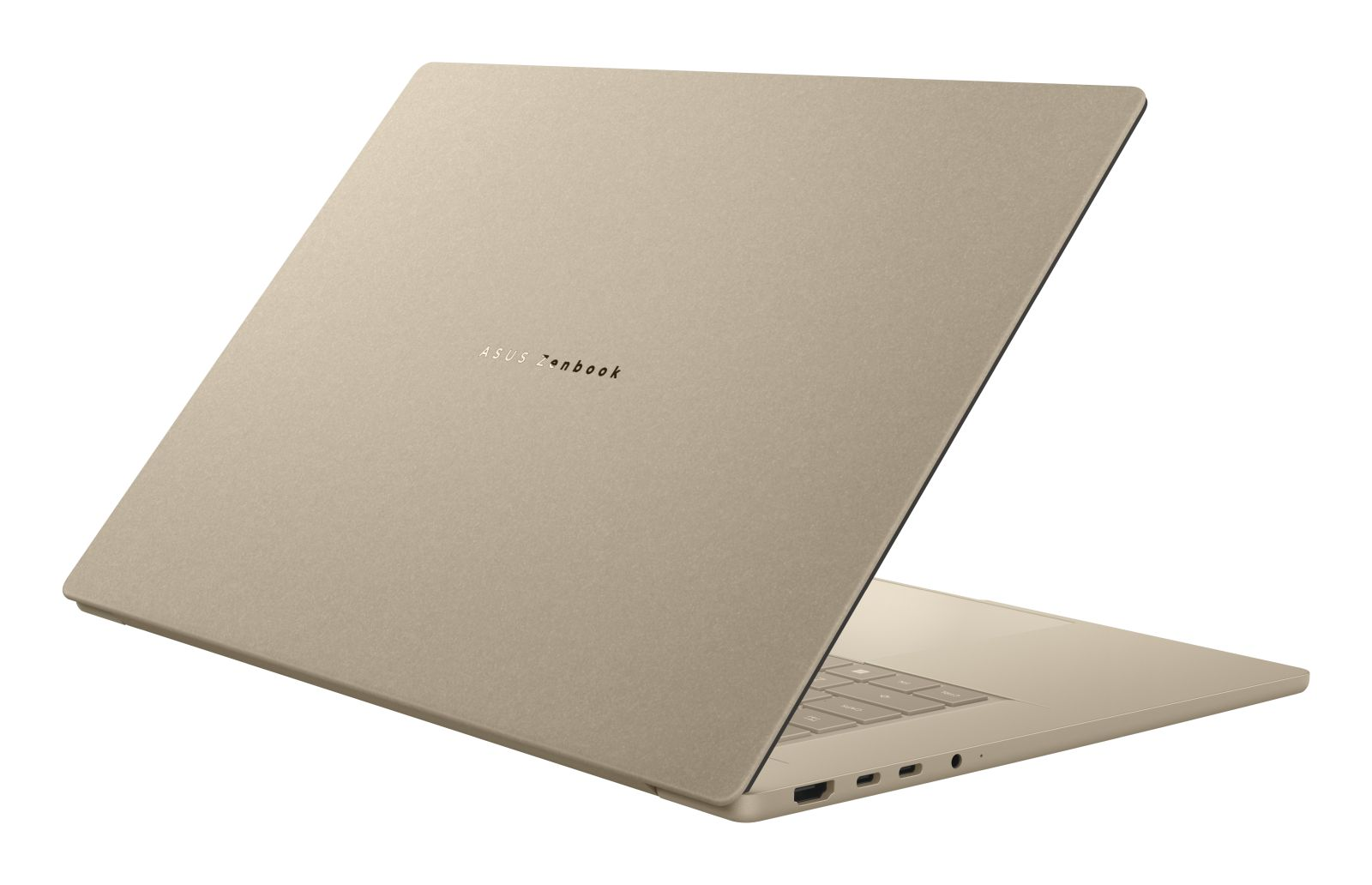Ein goldener Asus Zenbook Laptop, von hinten gesehen, mit geöffnetem Bildschirm.
