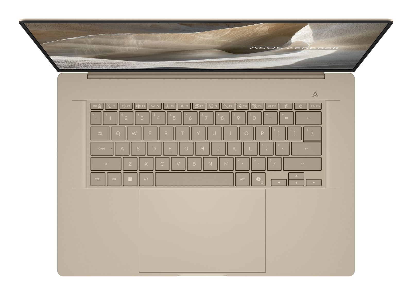Ein goldener Asus Zenbook Laptop mit geöffnetem Bildschirm und Tastatur.