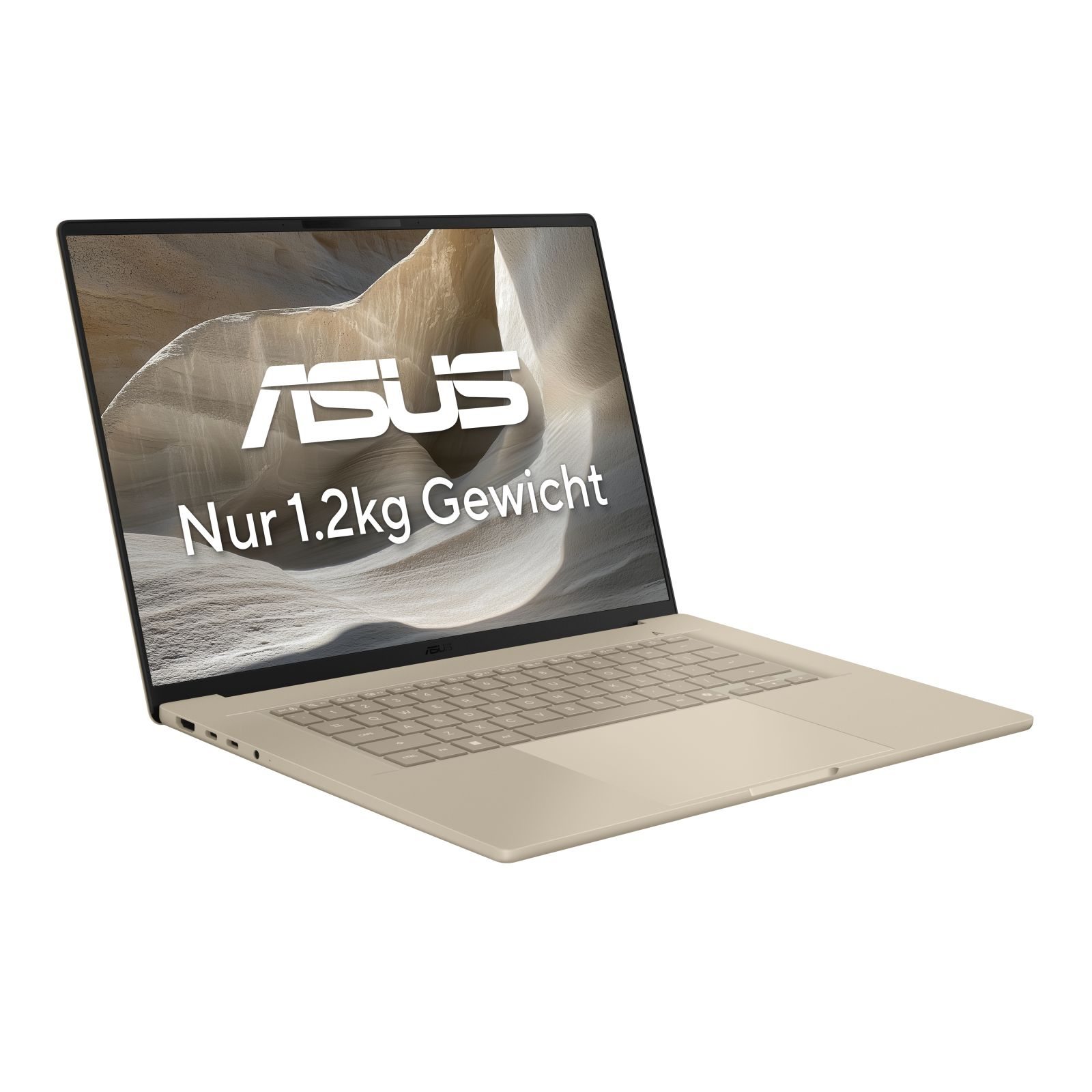 Ein hellbeiger Asus Laptop mit beleuchteter Tastatur und Asus-Logo.