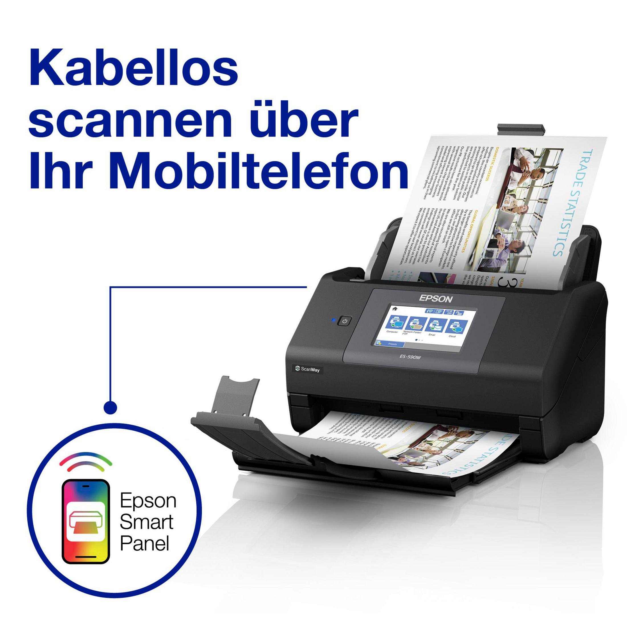 Ein Epson ES-590W Scanner mit Dokumenten im Einzug. Links ein Smartphone-Symbol.