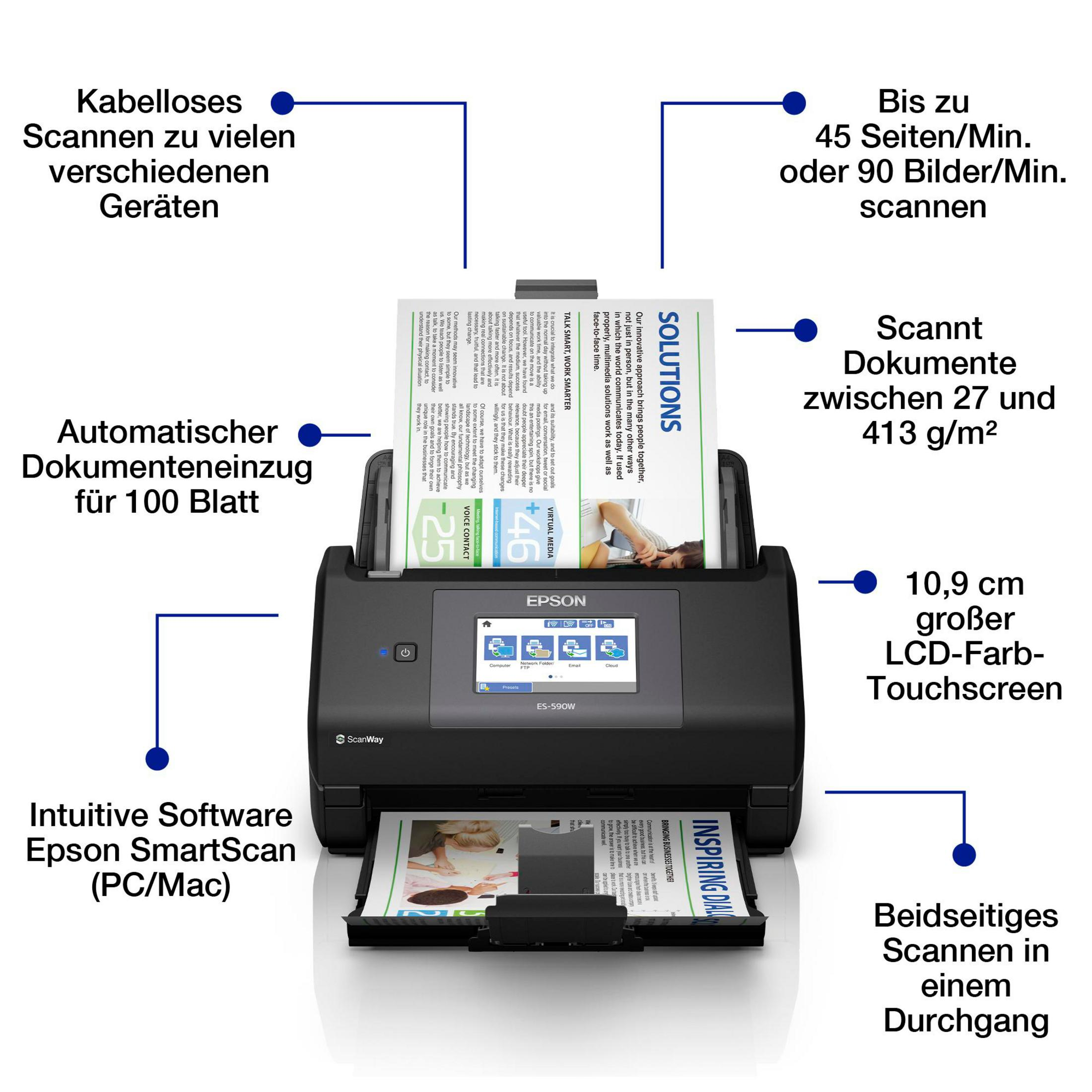 Epson ES-590W Scanner mit Touchscreen, Dokumenteneinzug und Software-Features.