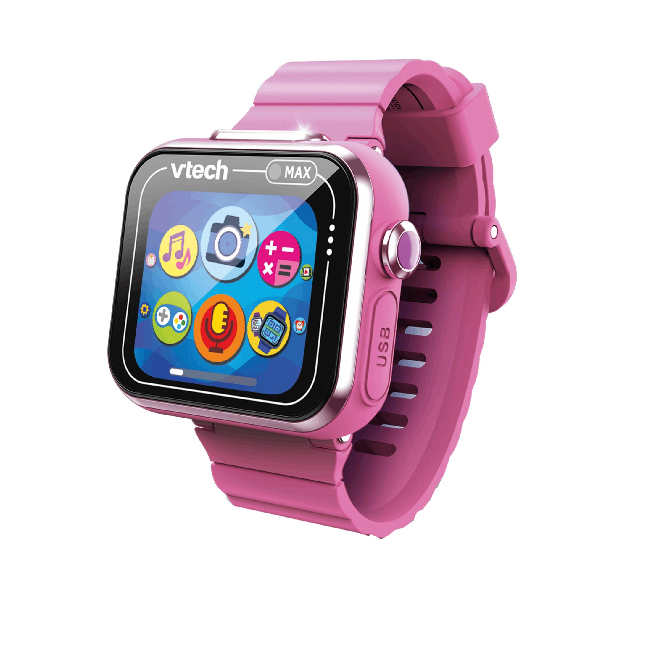 Uno smartwatch VTech rosa mostra icone colorate sul suo schermo.