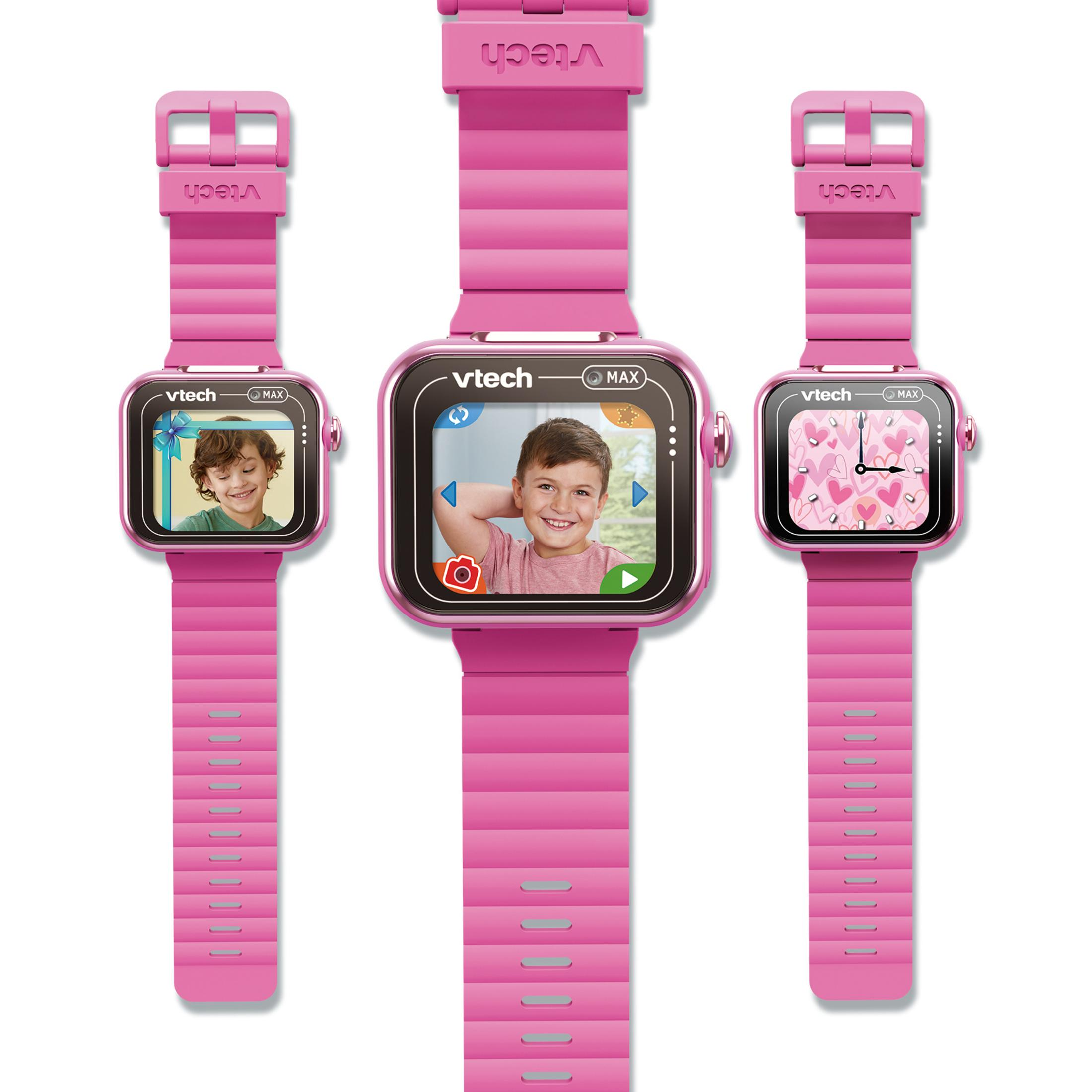 Tre orologi VTech rosa uno accanto all'altro. Due mostrano ragazzi, uno un orologio a cuori.