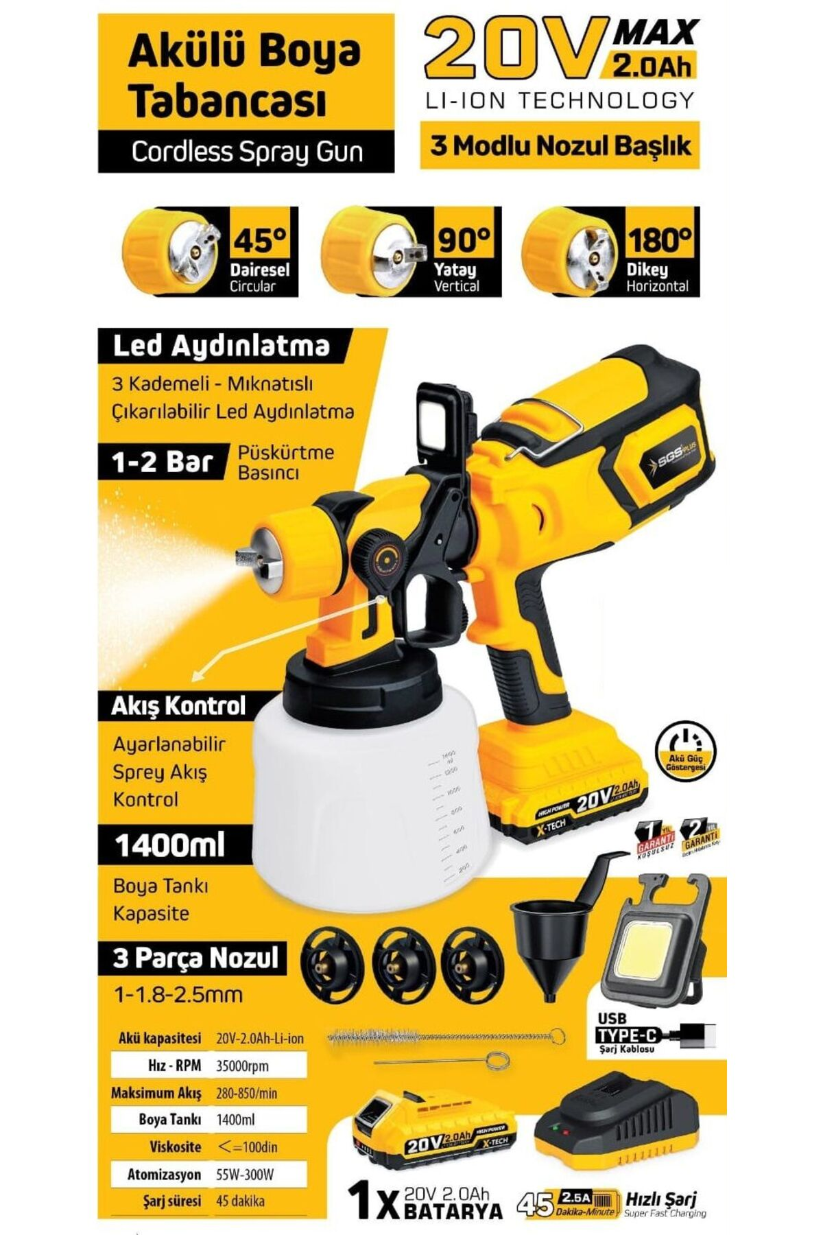 20V akülü, 1400ml haznesi ve aksesuarları olan kablosuz boya tabancası.