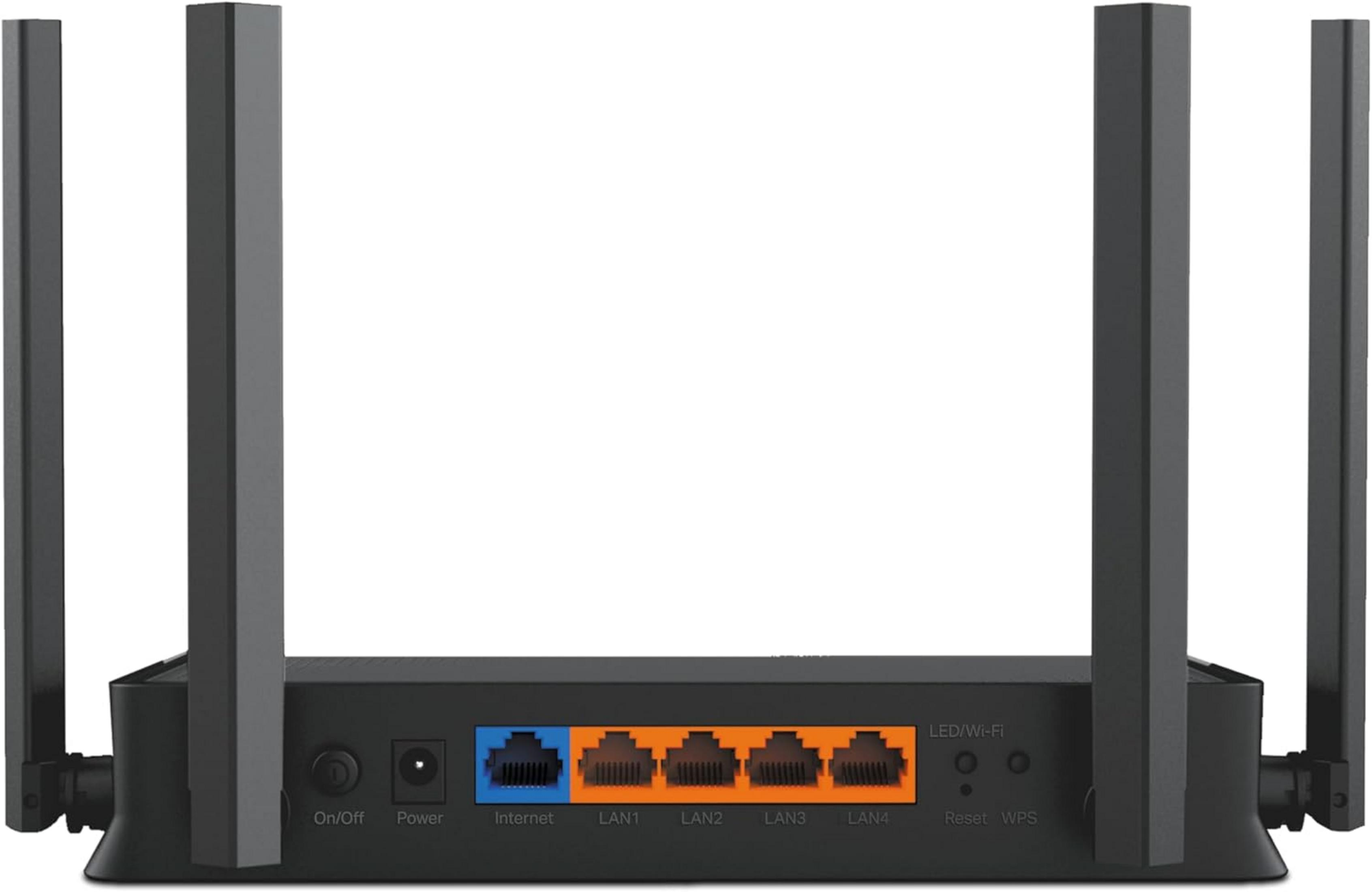 Ein schwarzer Router mit vier Antennen, Ethernet-Anschlüssen und LEDs.