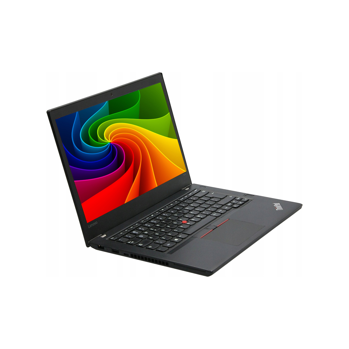 Schwarzer Laptop mit geöffnetem Bildschirm, der ein abstraktes Regenbogenmuster zeigt.
