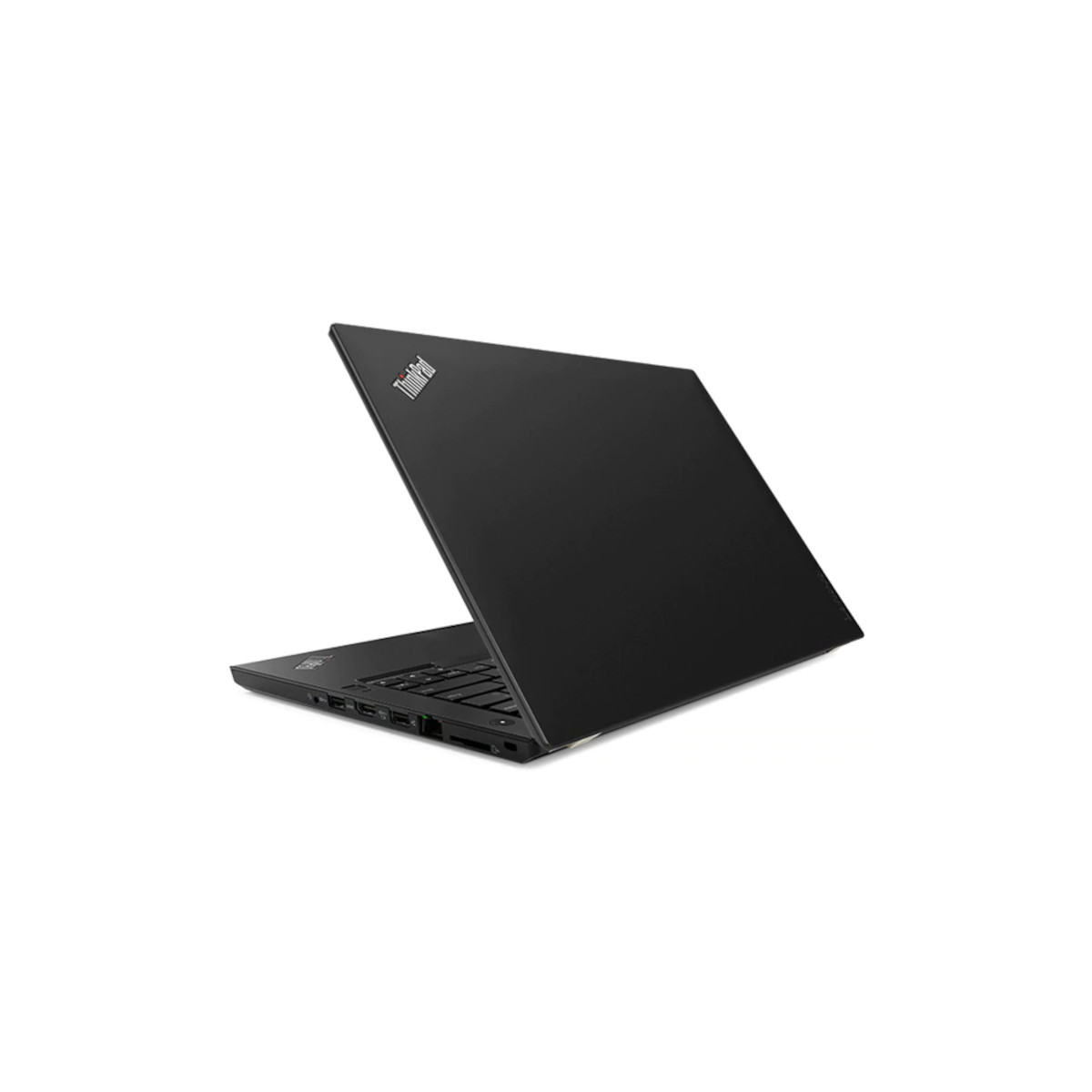Schwarzer Laptop, teilweise geöffnet, mit ThinkPad-Logo auf dem Deckel.