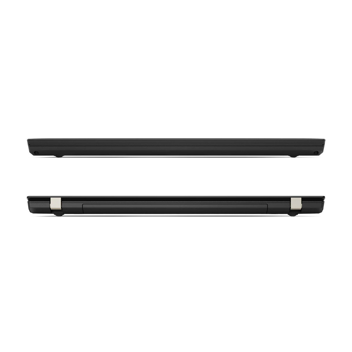 Zwei schwarze Laptops, nebeneinander, weiße Hintergrundansicht von der Seite.