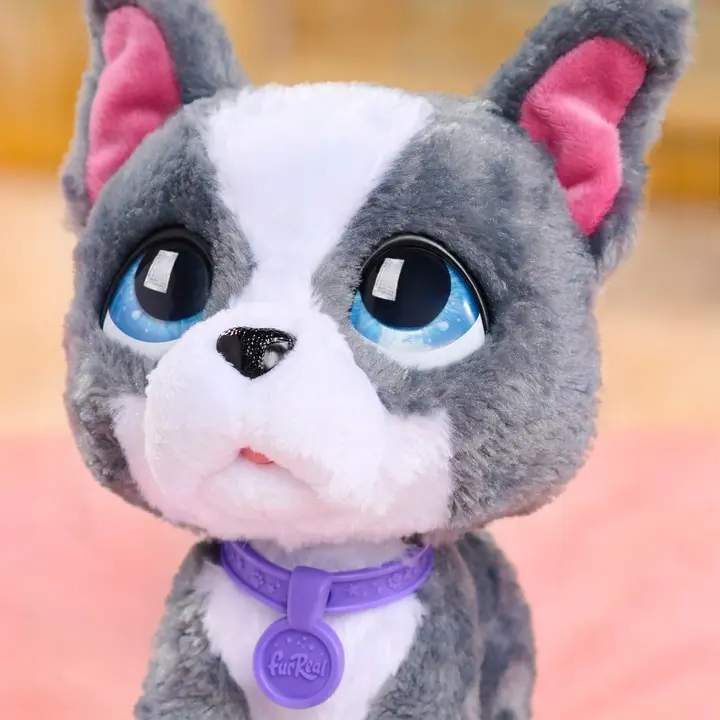 Perro de peluche gris y blanco con ojos azules y collar morado.