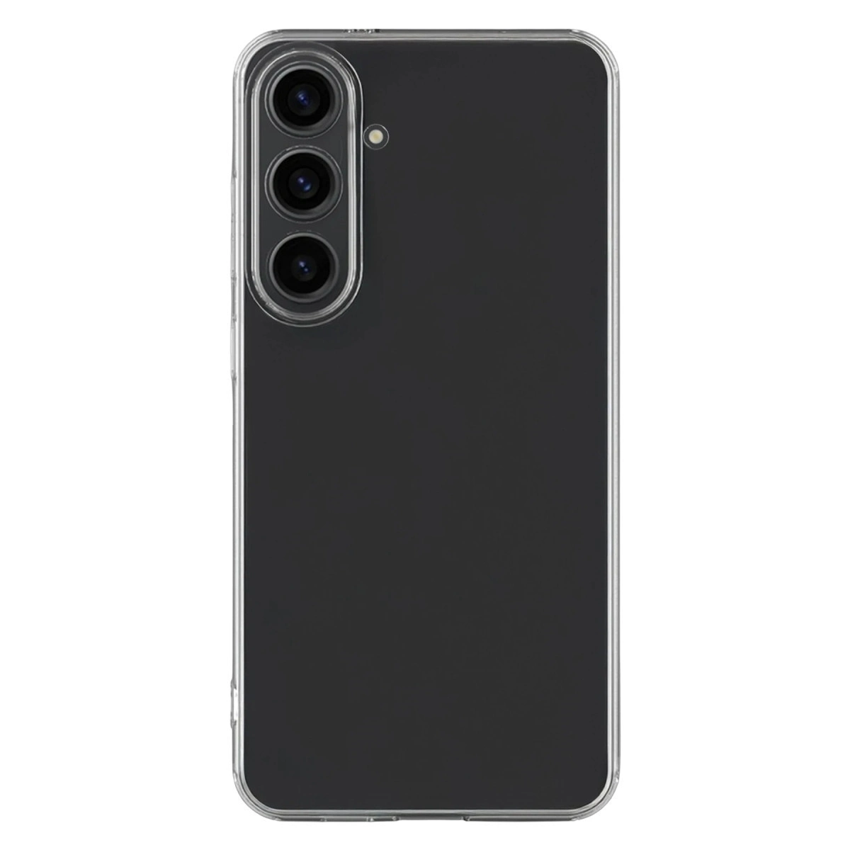 Üç kamera lensli ve flaşlı şeffaf telefon kılıfının arkası.