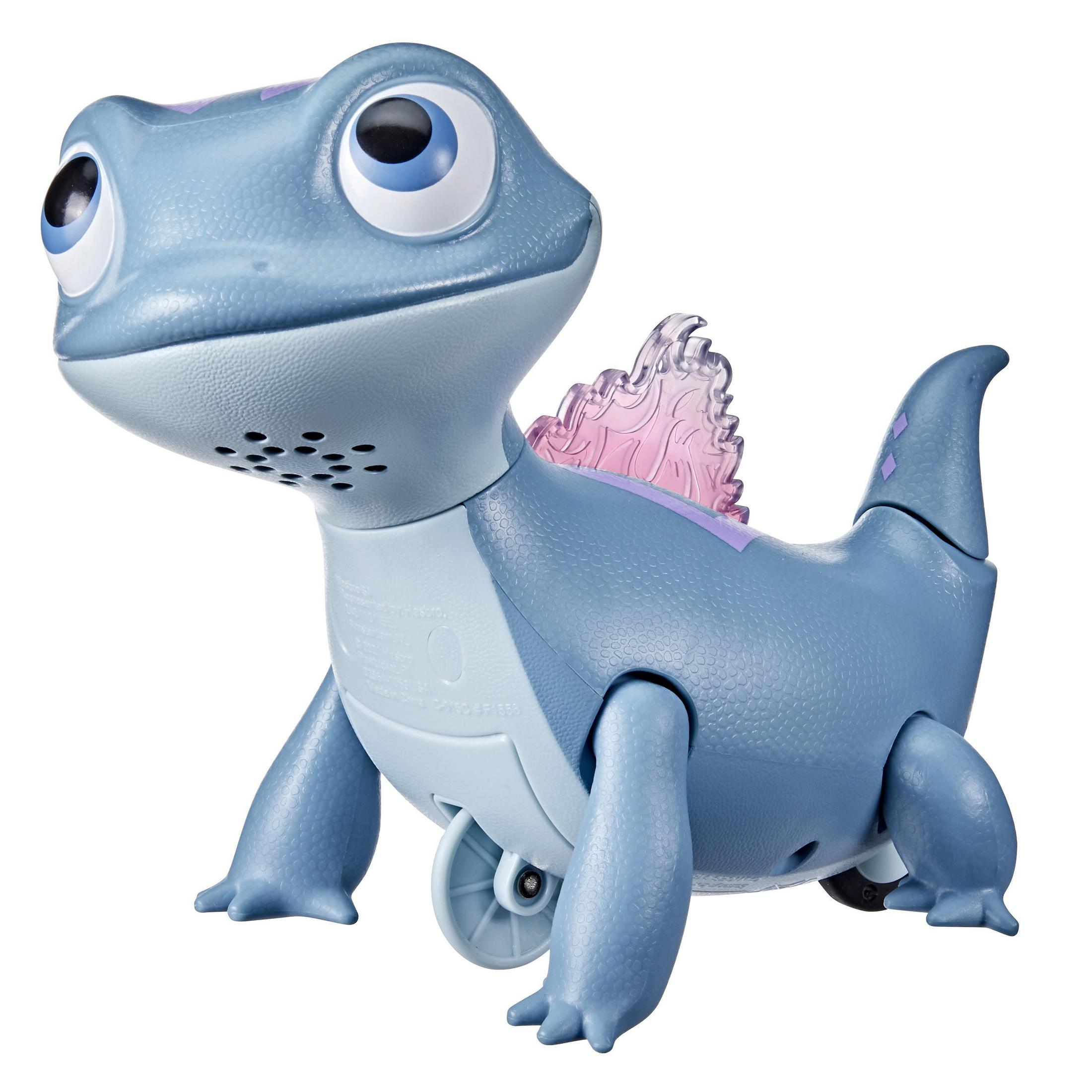 Ein blauer Spielzeug-Salamander mit großen Augen und pinkem Rückenkamm.
