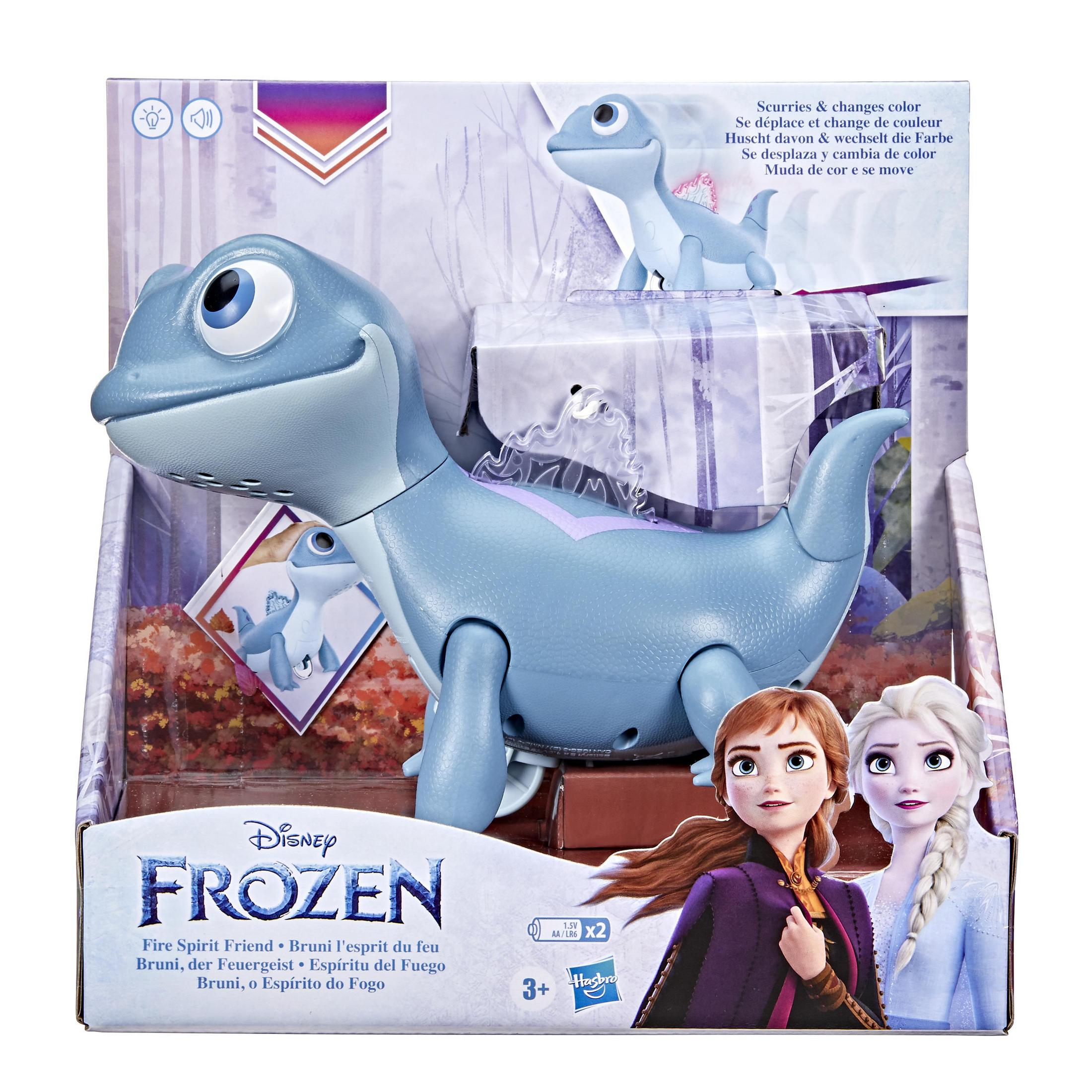 Ein blauer Salamander Spielzeug von Disney's Frozen mit Anna und Elsa.
