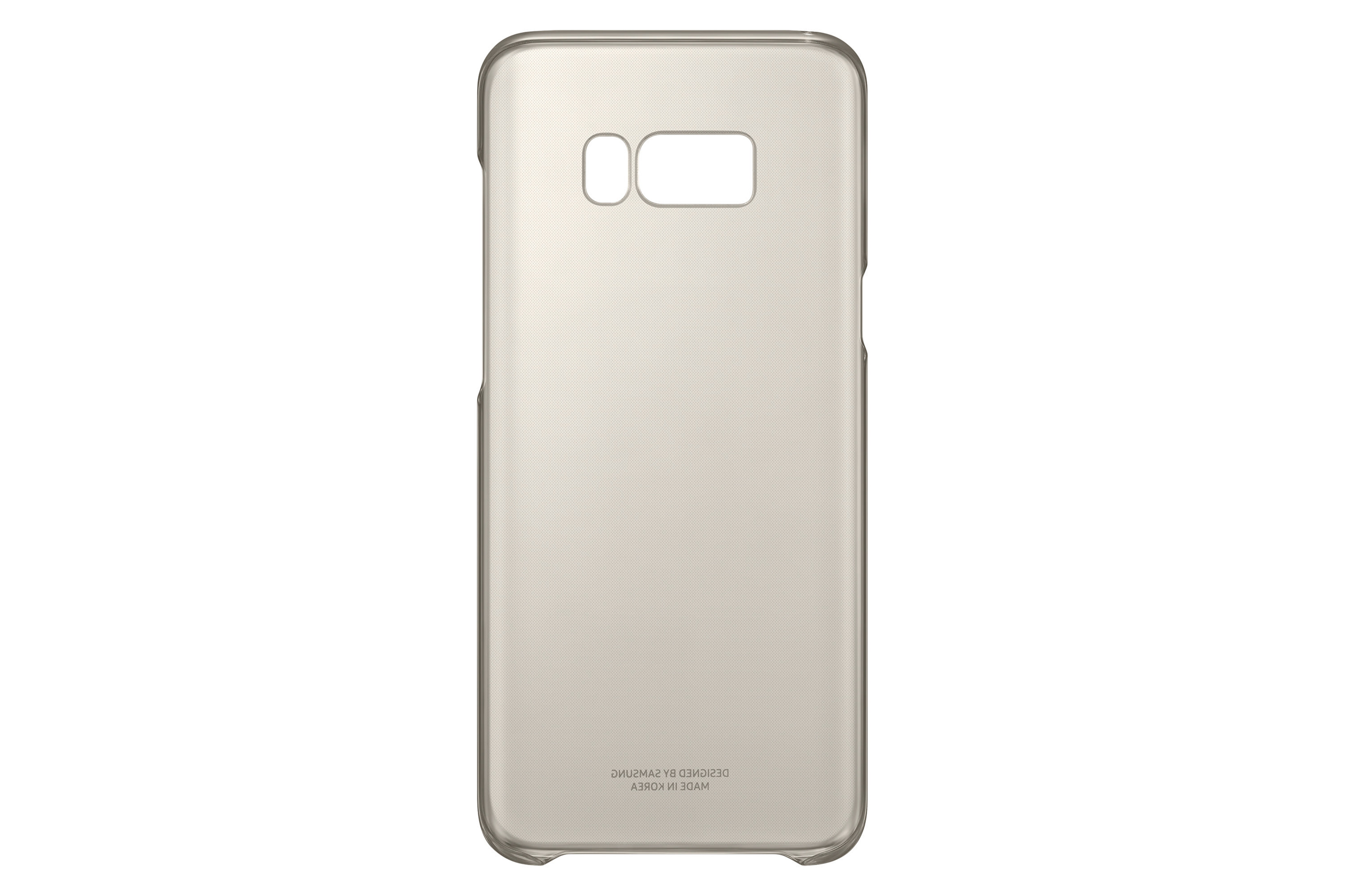Custodia trasparente per telefono con ritagli per fotocamera e flash. Prodotto in Corea.