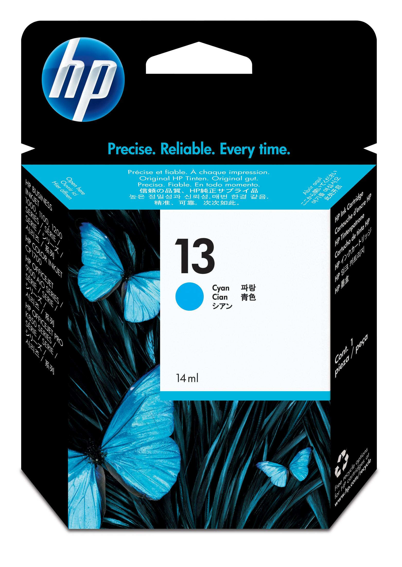 HP-Tintenpatrone Nr. 13 in Cyan mit Schmetterlingsmotiv. 14 ml.