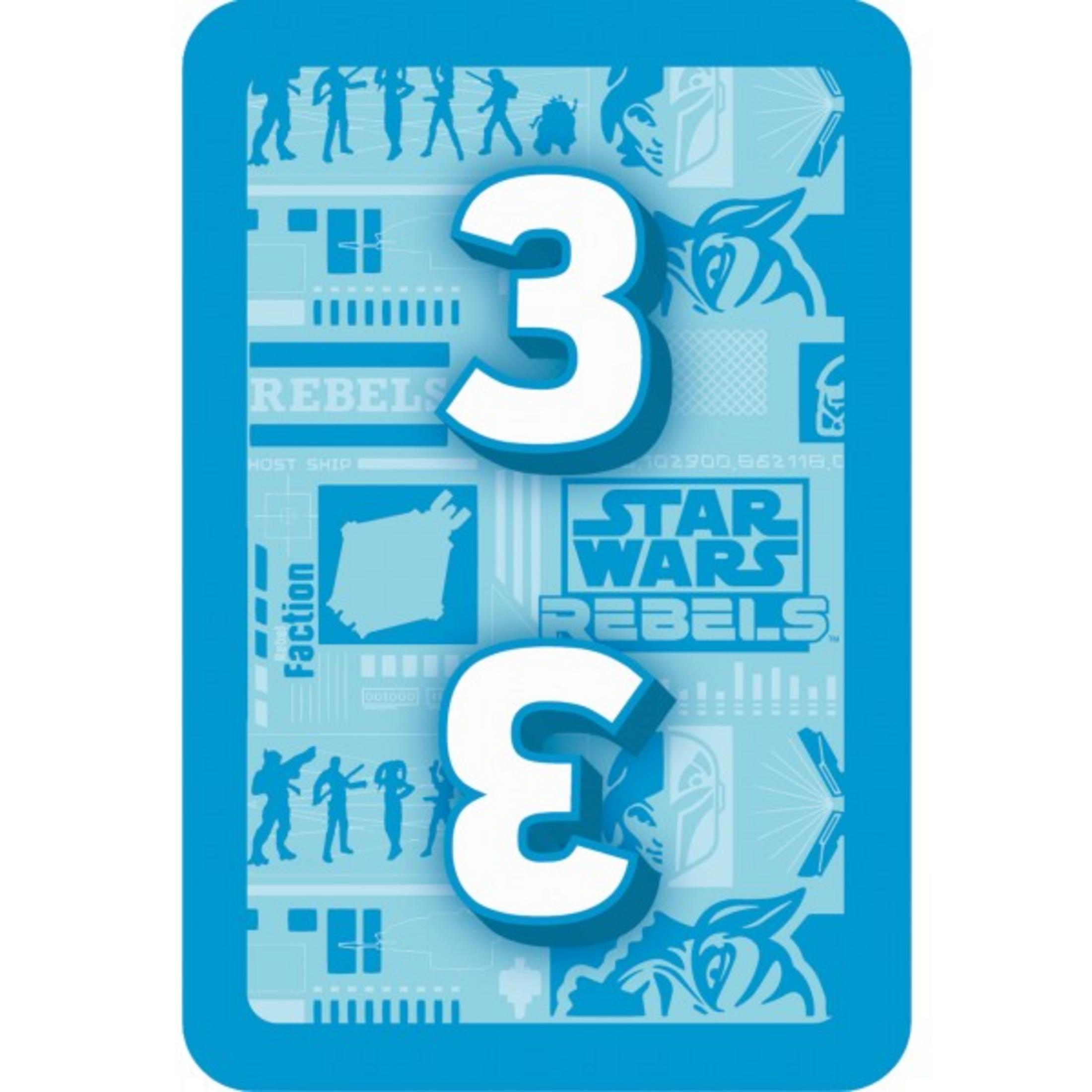 Eine blaue Karte mit der Zahl 3, Star Wars Rebels-Symbolen und Silhouetten.