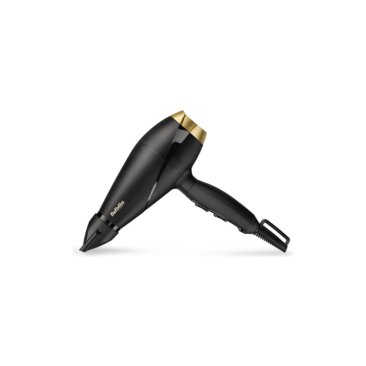 Asciugacapelli Babyliss nero con accenti dorati su sfondo bianco.