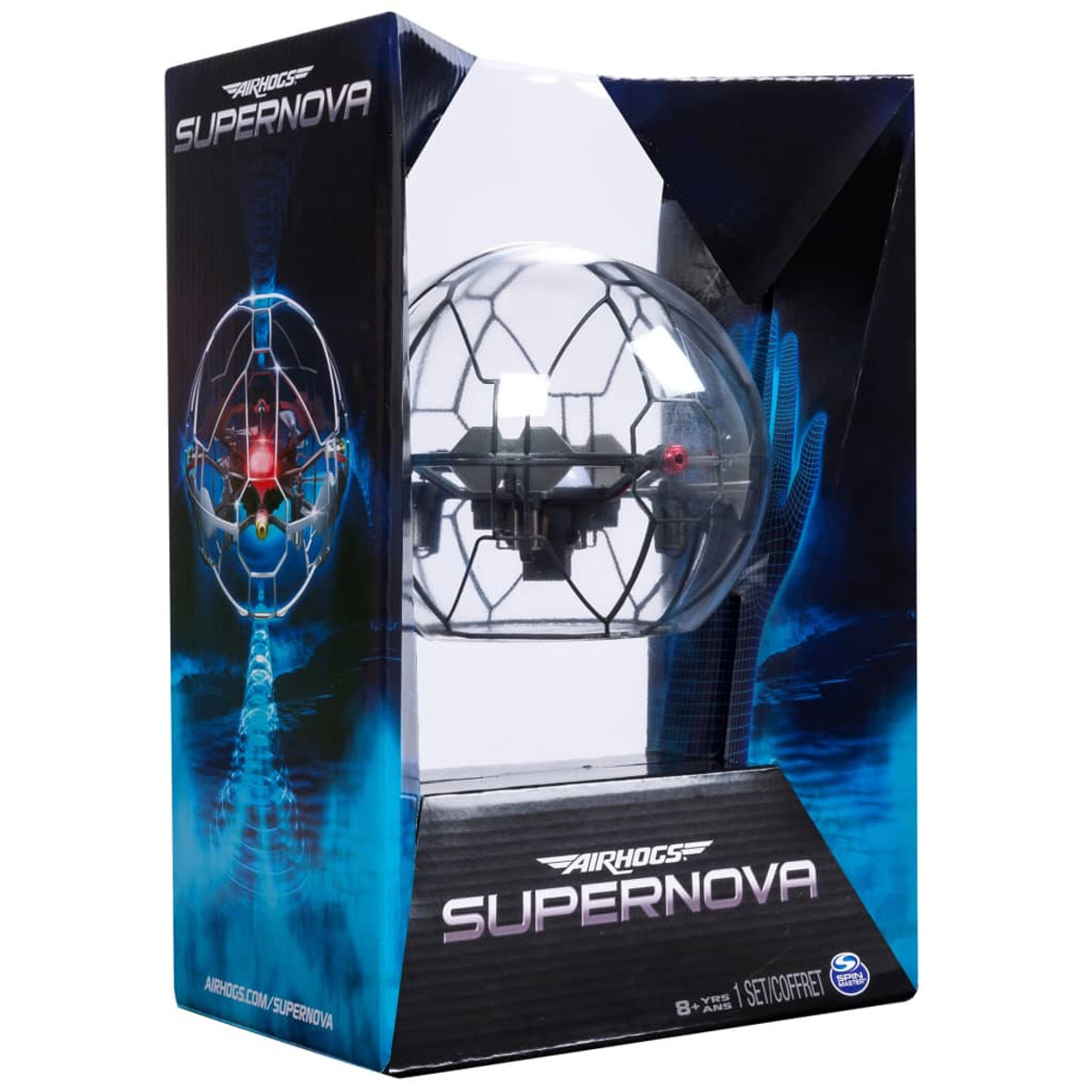Drone Air Hogs Supernova in sfera trasparente su confezione del prodotto.