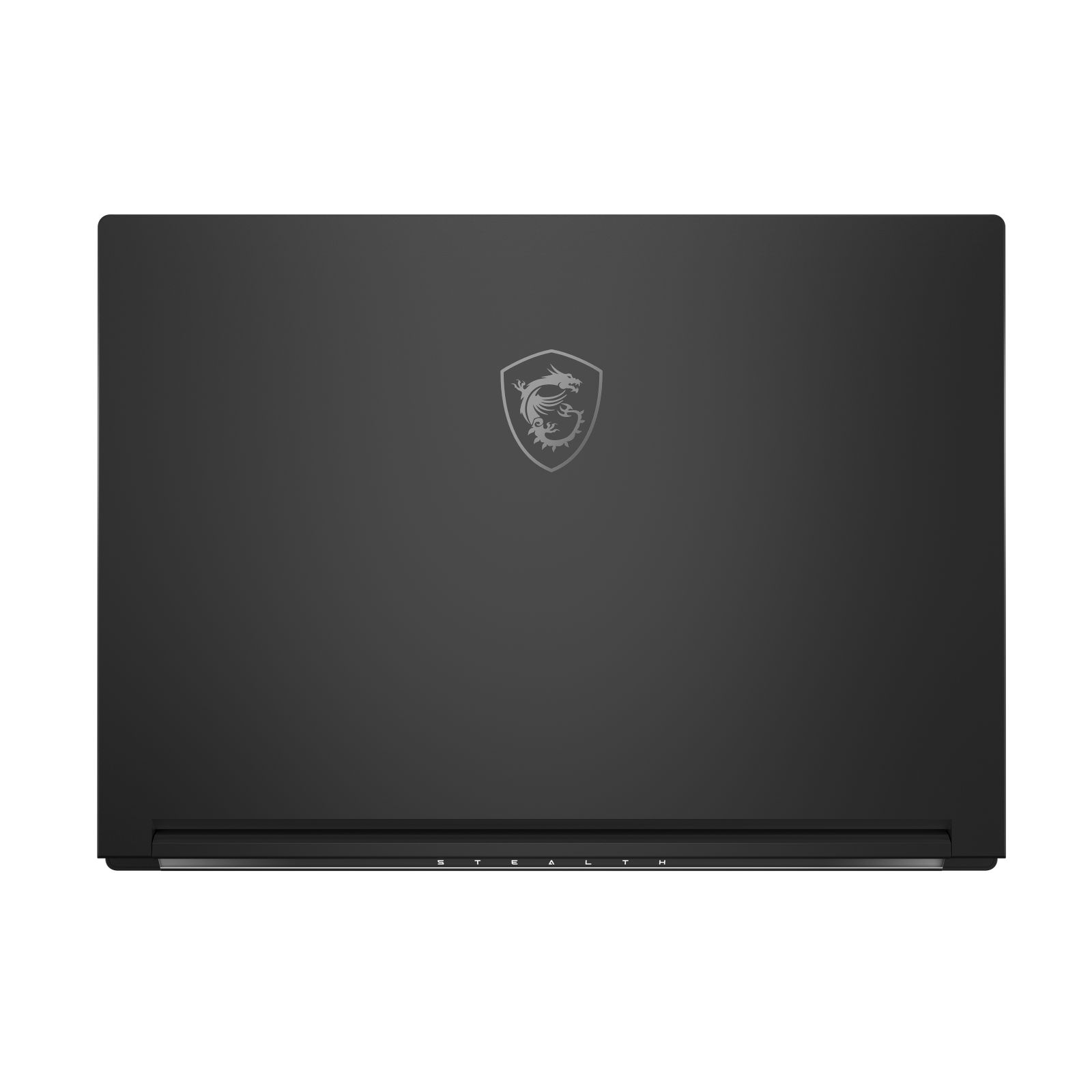 Ein geschlossener schwarzer Laptop mit einem silbernen MSI-Drachenlogo auf dem Deckel.