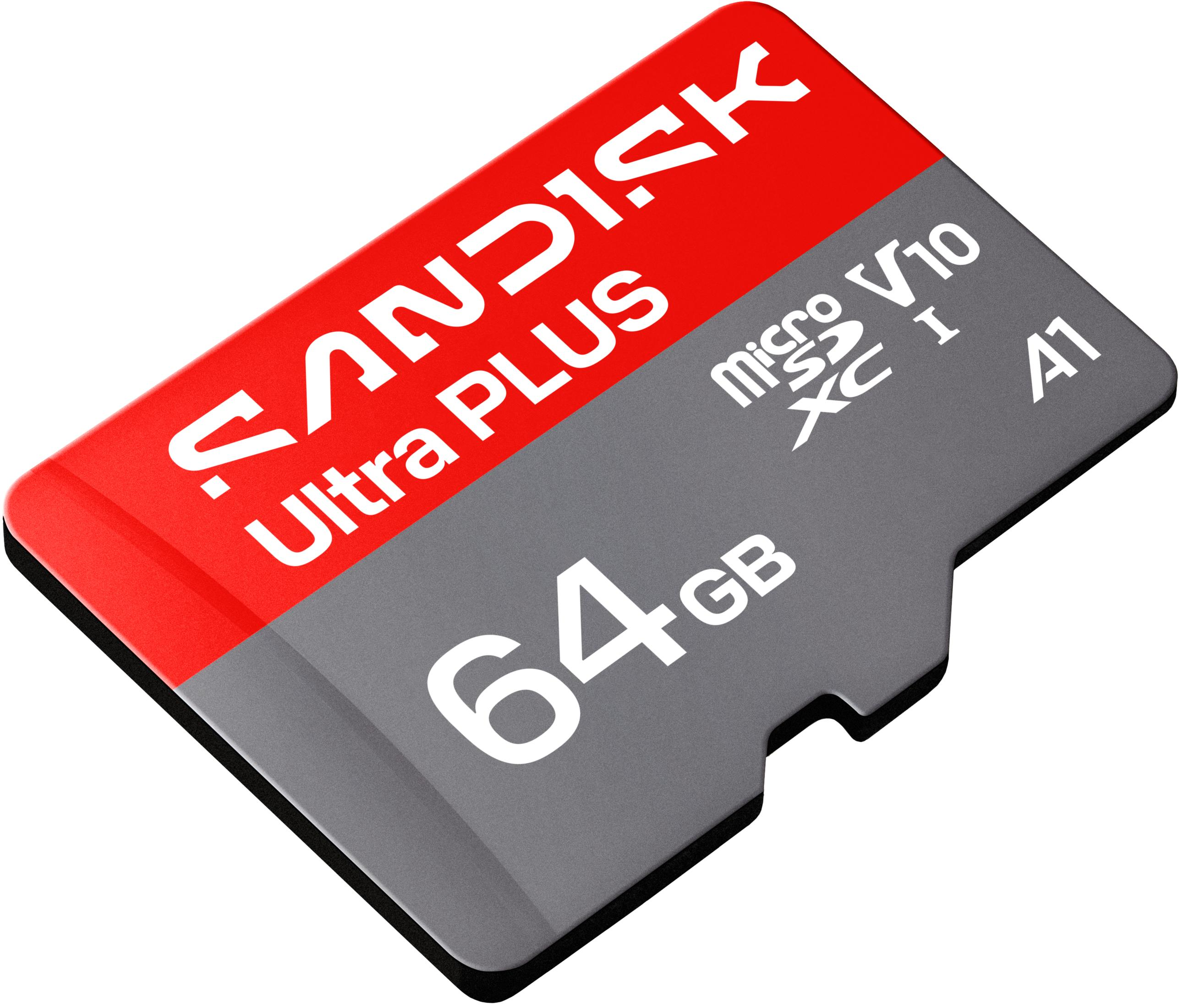 Scheda MicroSD da 64 GB, rossa e grigia, con marchio Sandisk Ultra Plus.