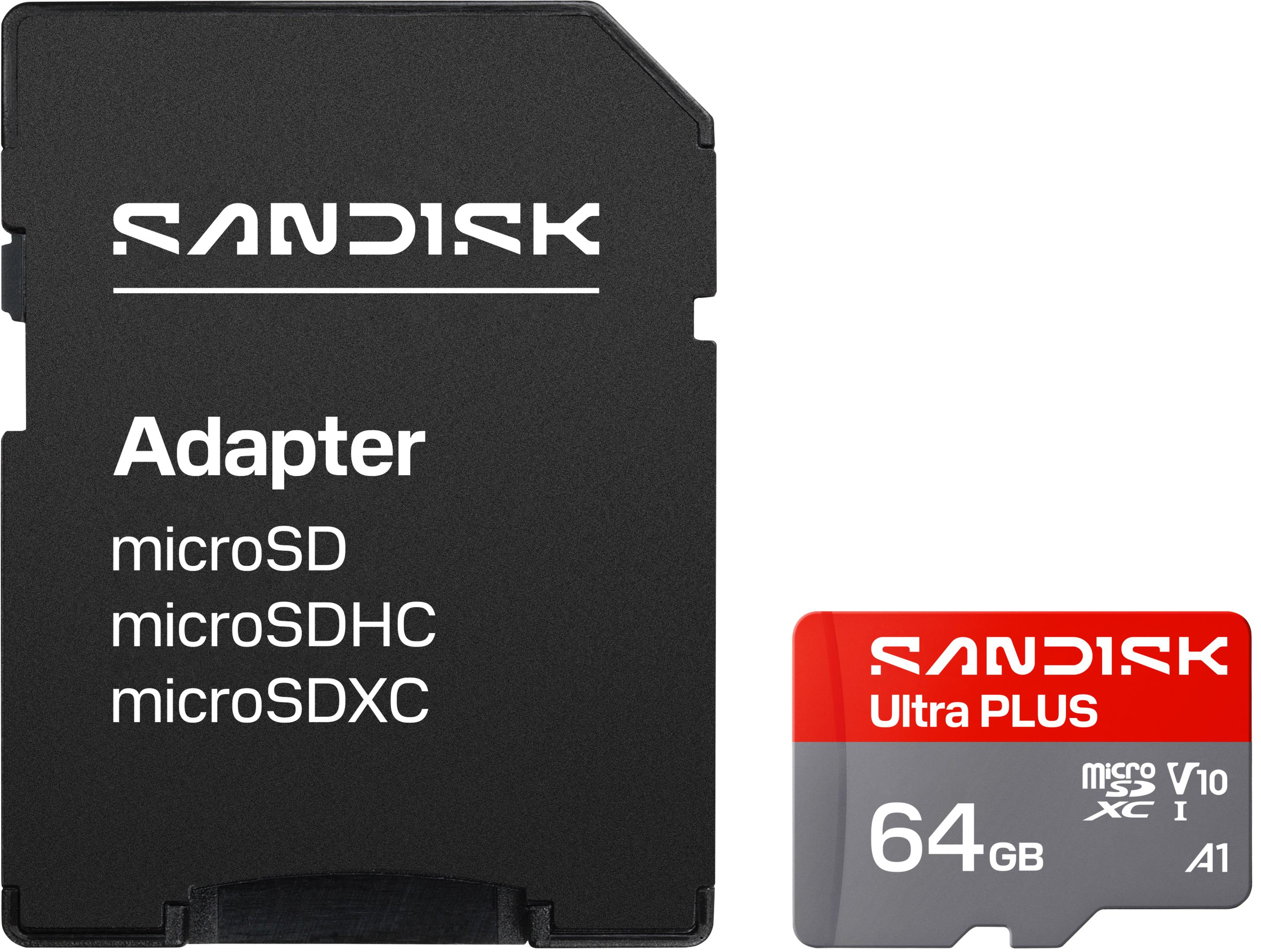 Adattatore SanDisk con testo microSD, microSDHC, microSDXC. Accanto, una scheda 64GB microSDXC.