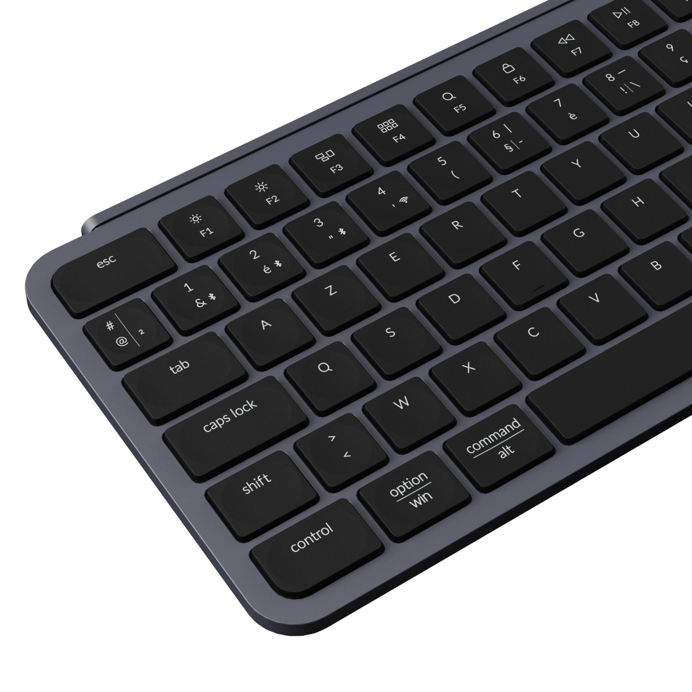 Dunkelgraue Tastatur mit schwarzen Tasten, Nahaufnahme der Tasten.