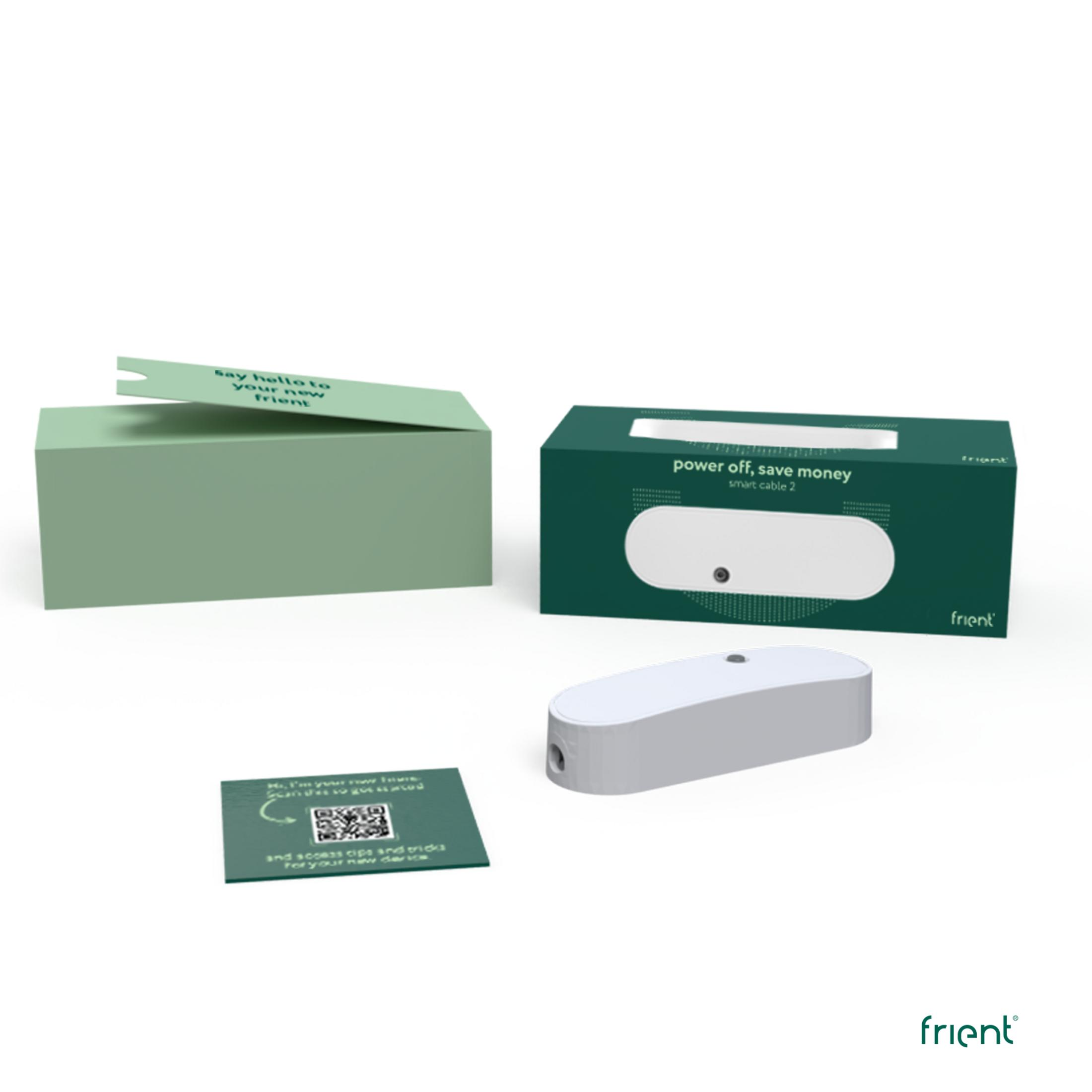 Grüne Box, grüne Karte, weißes Smart-Kabel und grüne Verpackung mit Text.