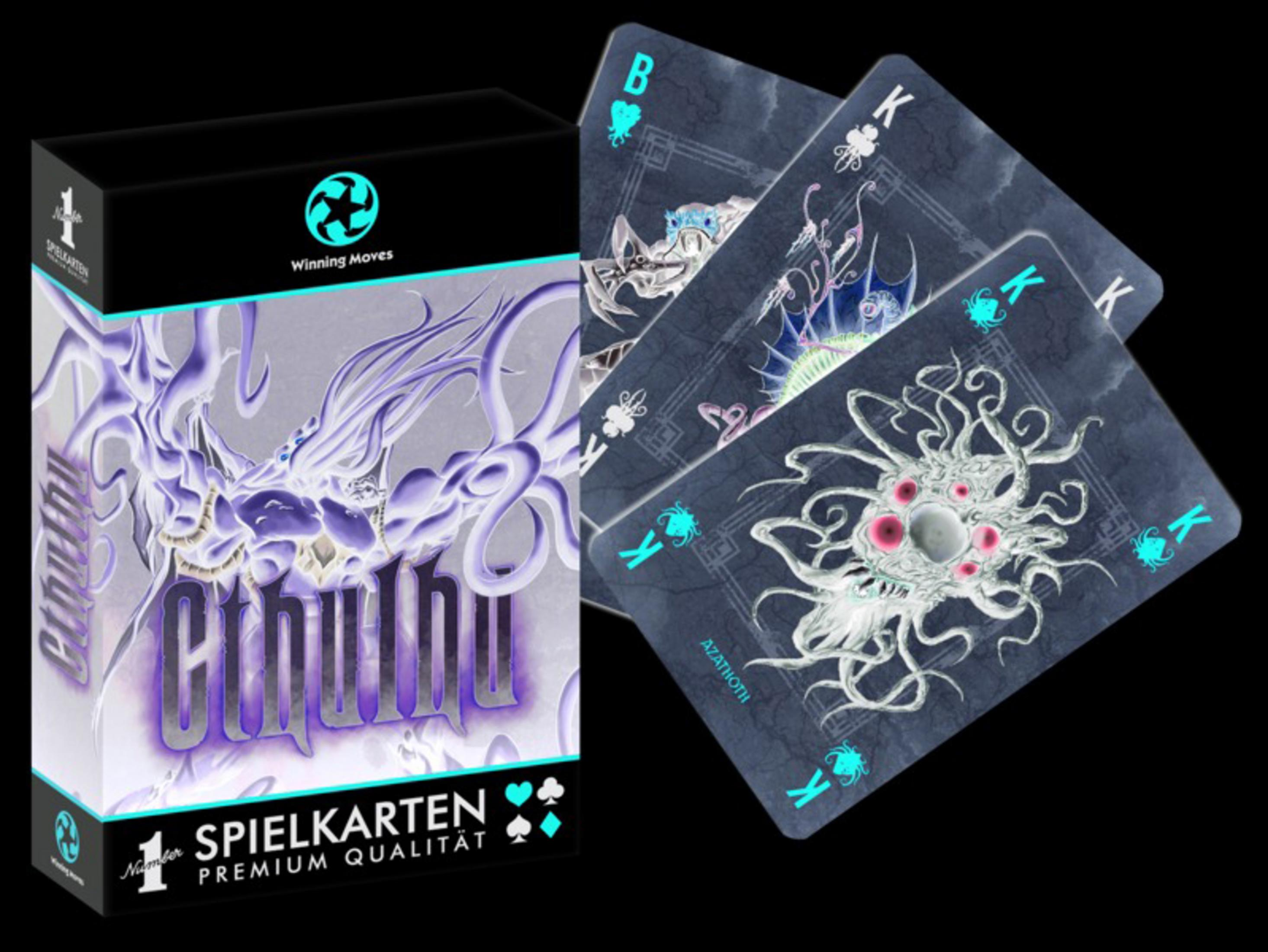 Eine Cthulhu-Spielkartenschachtel mit Karten, die eine Kreatur zeigen.