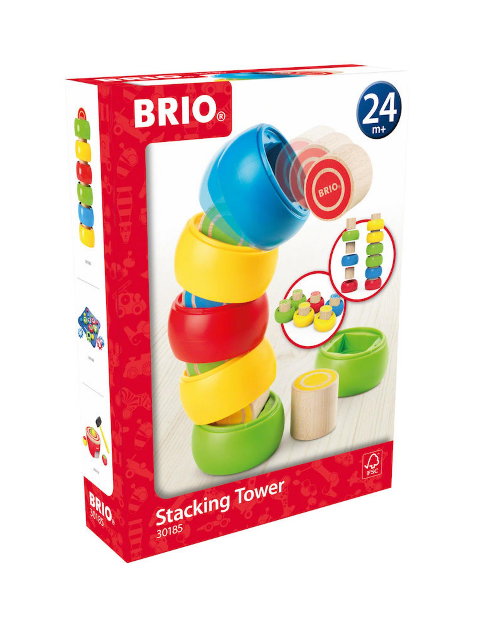 Embalaje de juguete BRIO Stacking Tower con anillos apilables coloridos y piezas de madera.