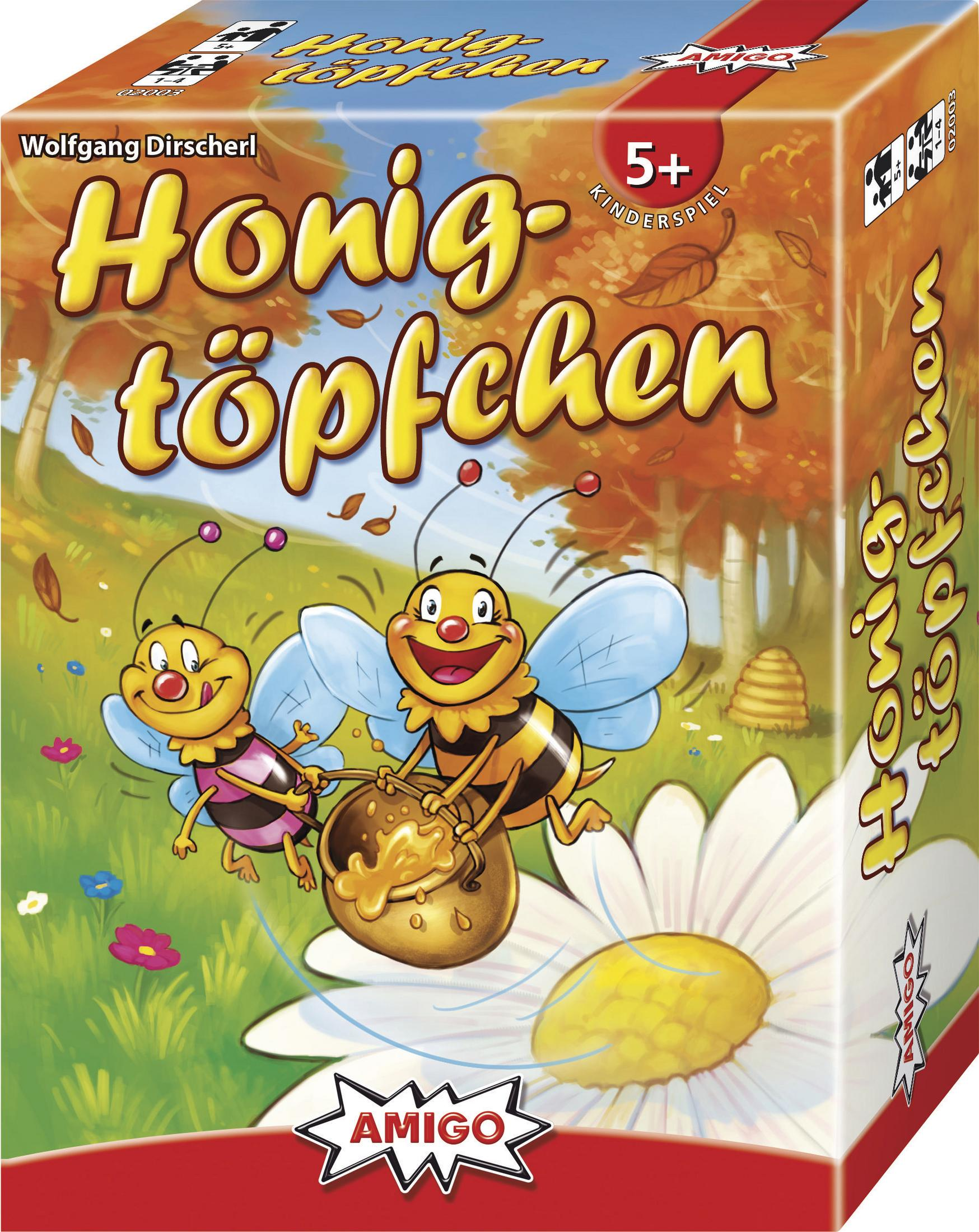 Zwei Bienen sammeln Honig aus einem Topf vor einer Blume. Spiel "Honigtopfchen".
