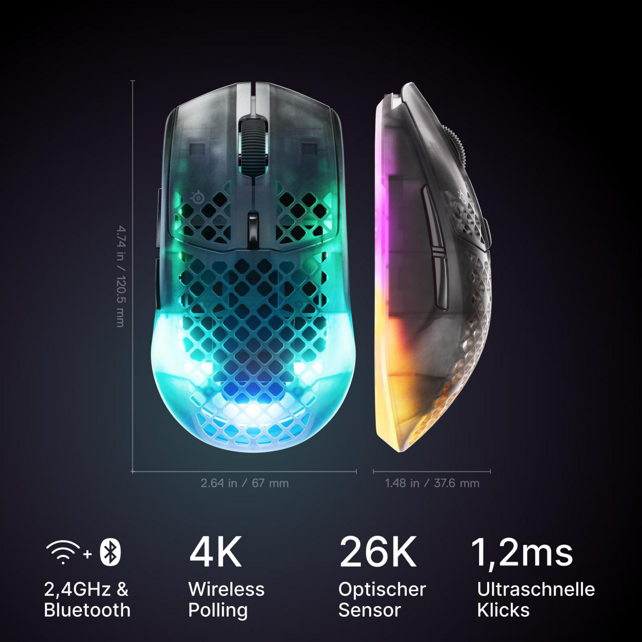 Gaming-Maus mit RGB-Beleuchtung, Maßen und technischen Daten.