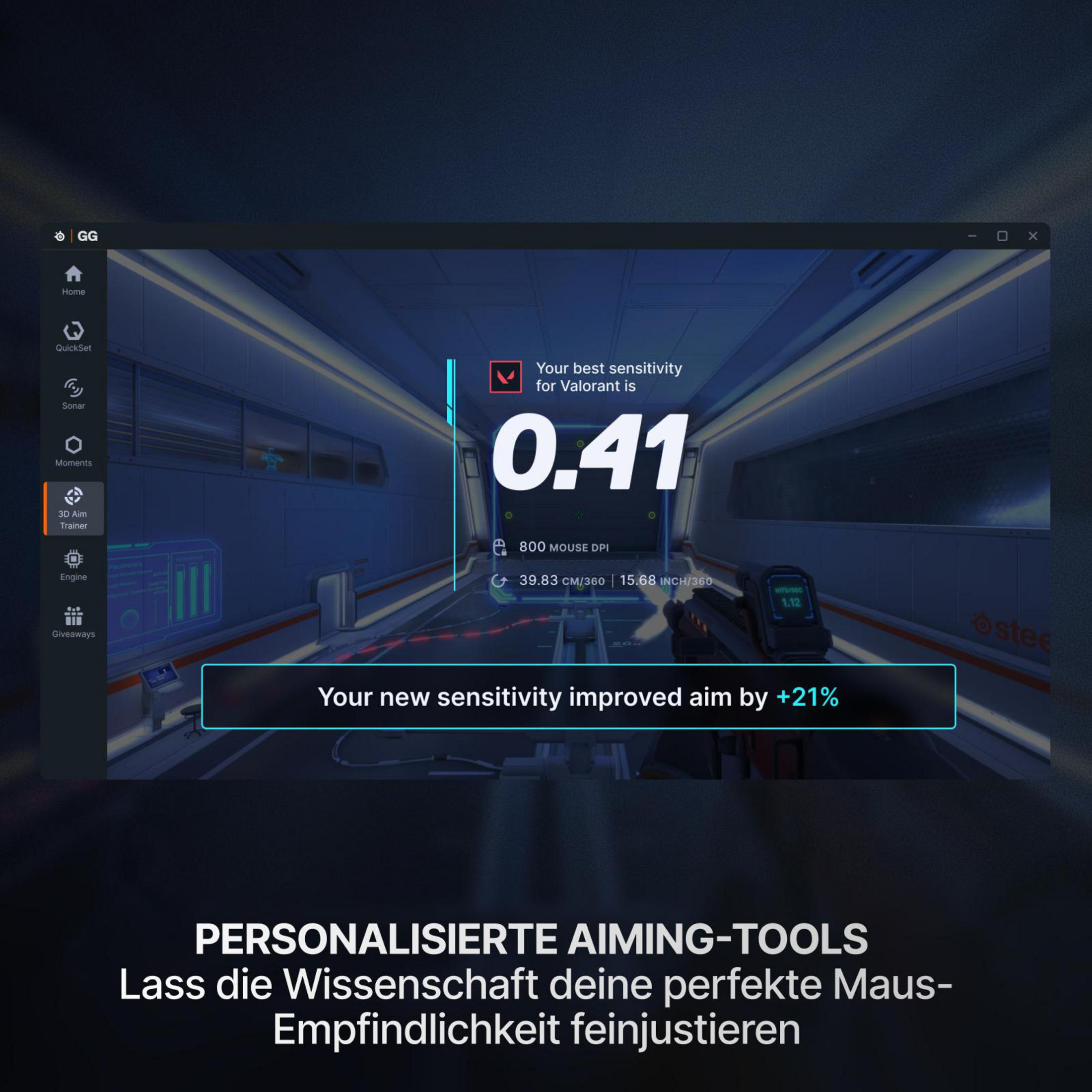 Screenshot einer Gaming-Software, die zeigt, dass die Mausempfindlichkeit für Valorant 0,41 beträgt.