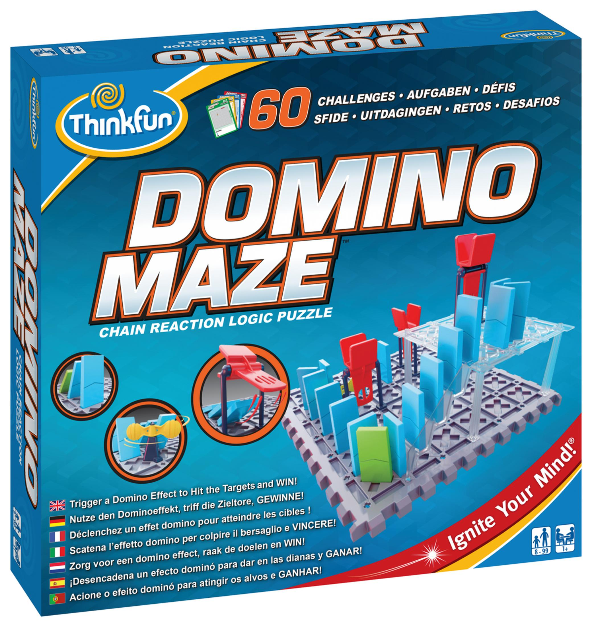 Verpackung des Spiels Domino Maze mit einem Domino-Parcours aus blauen und roten Elementen.