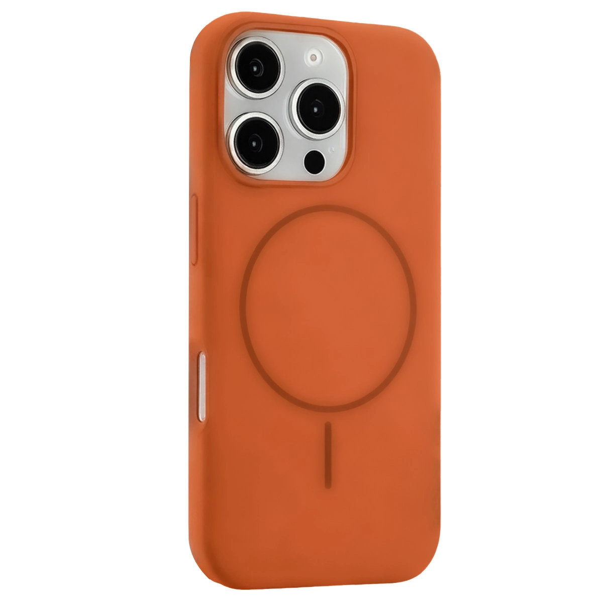 Kamera oyuntulu ve manyetik halkalı turuncu telefon kılıfı.