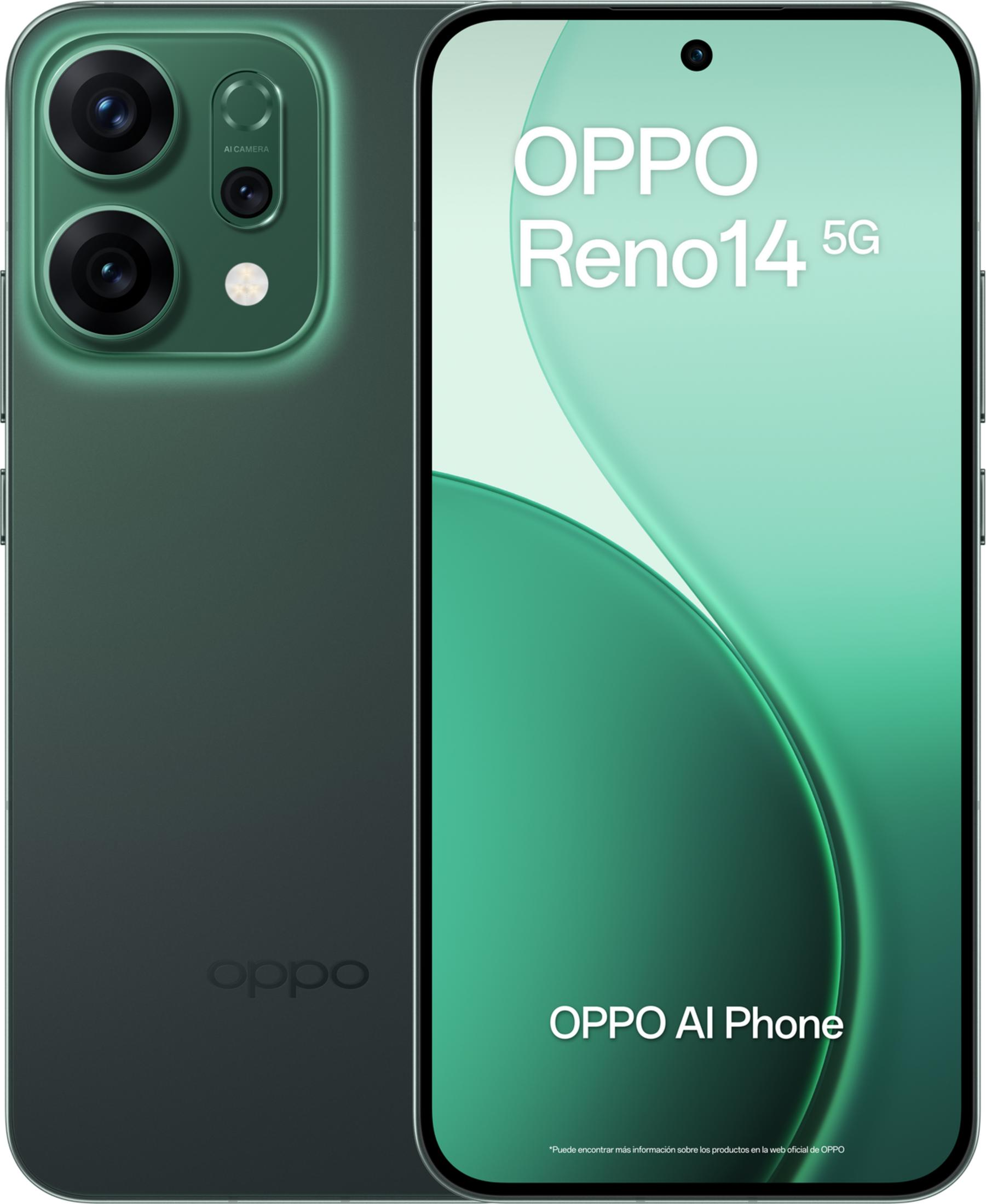 Smartphone OPPO Reno14 5G verde con doble cámara trasera y logo en pantalla.