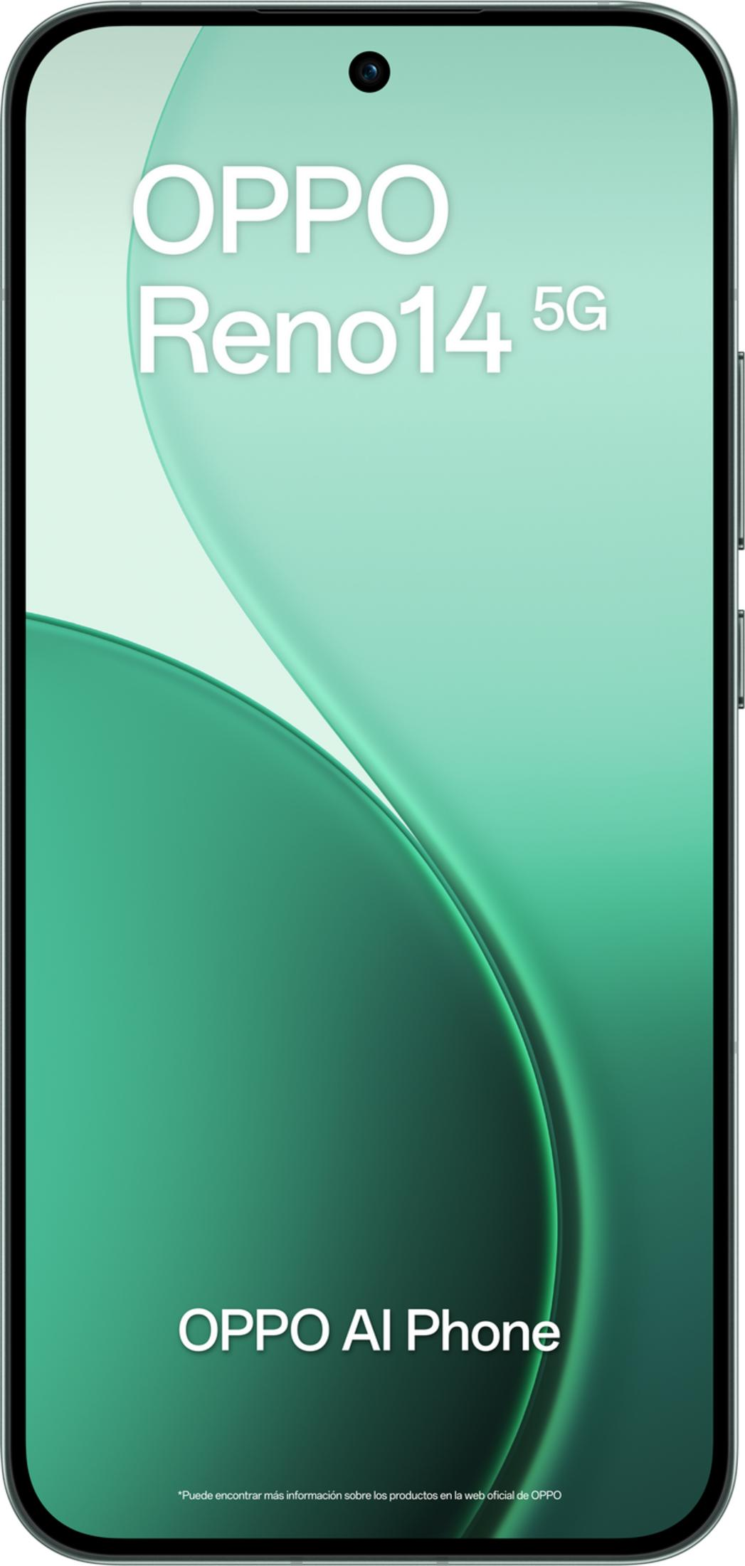 Un smartphone OPPO Reno14 5G con texto OPPO AI Phone sobre fondo verde.