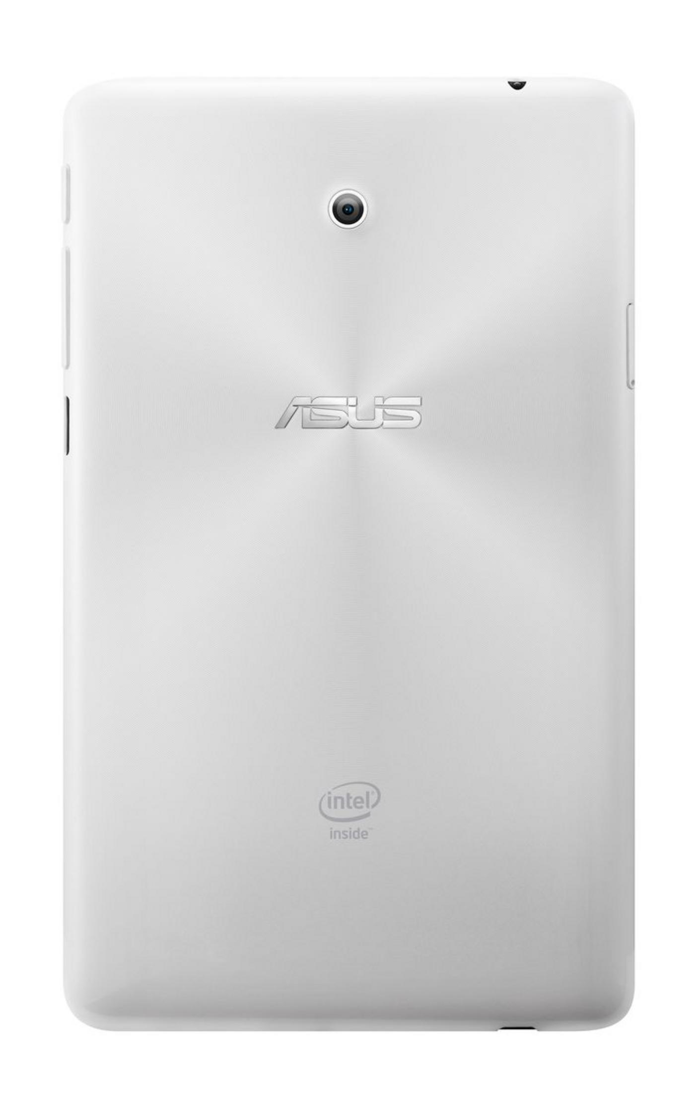 Weiße Asus-Tablet-Rückseite mit Kameralinse, Asus-Logo und Intel Inside-Logo.